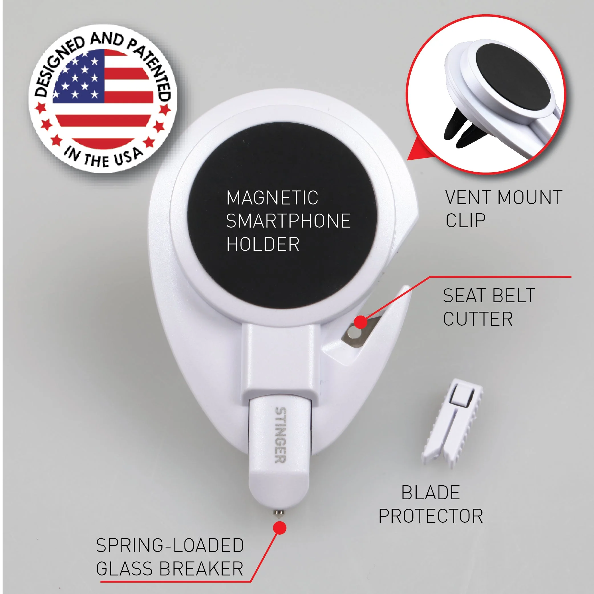 Stinger Car Vent Mount Magnetic Phone Holder Emergency Tool (White) - Image 3