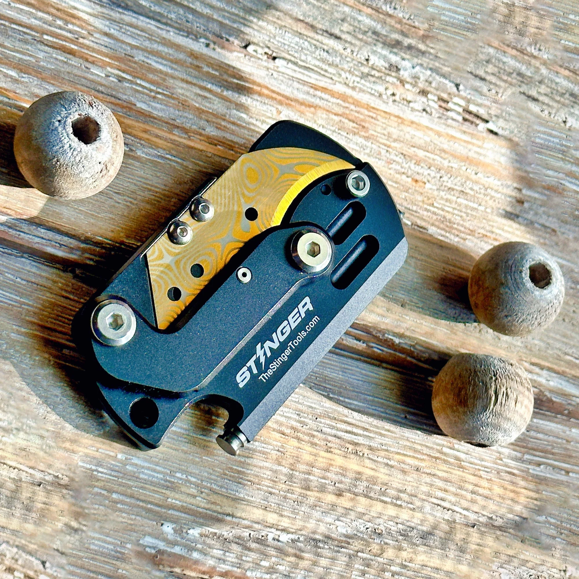 Stinger Dog Tag Tool, Folding Pocket Utility - Matte Black w/ Golden Edge - Image 2
