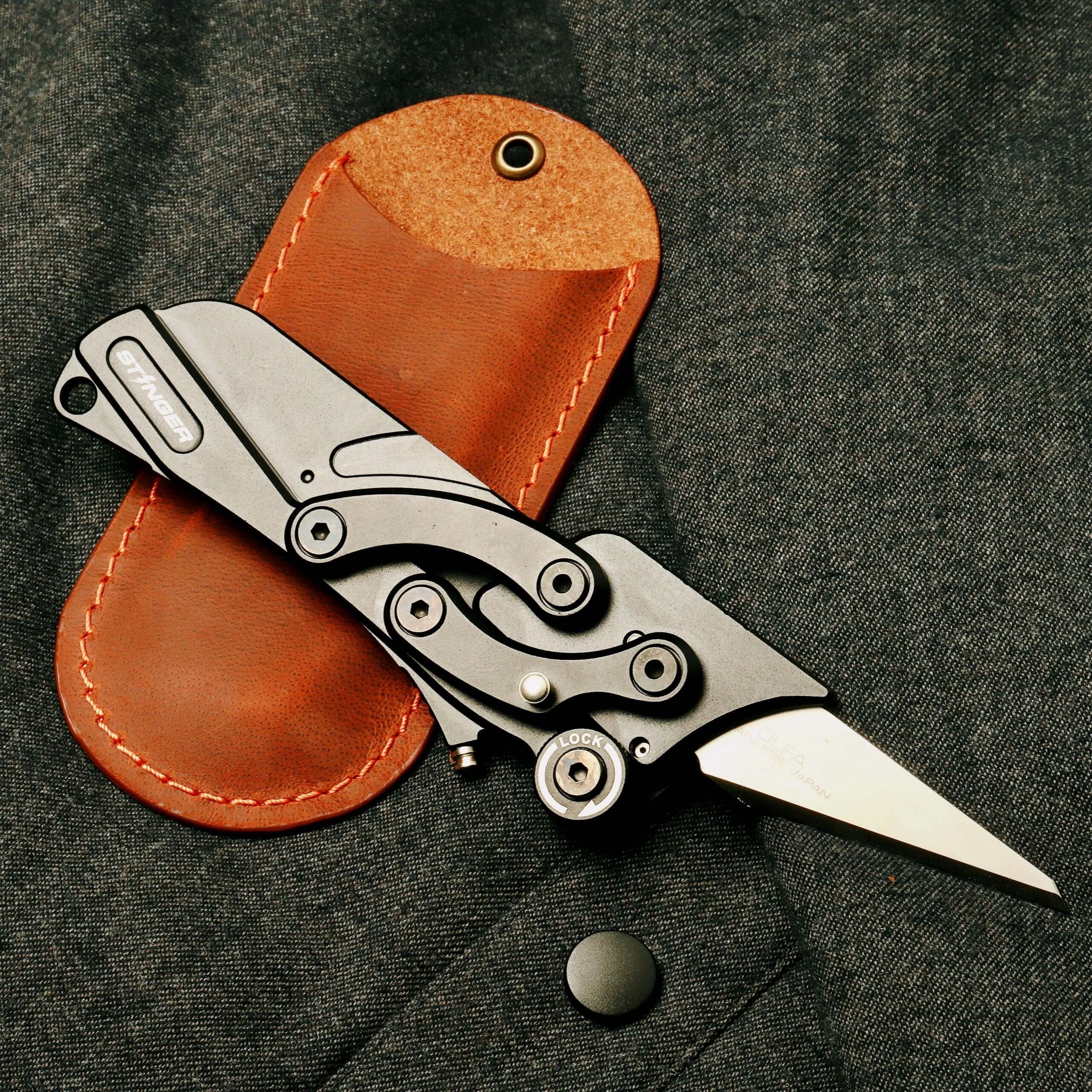 Stinger Olfa Evolution Blade with Leather Pouch, Folding Pocket Knife, Utility Knife - Matte Black - Image 12