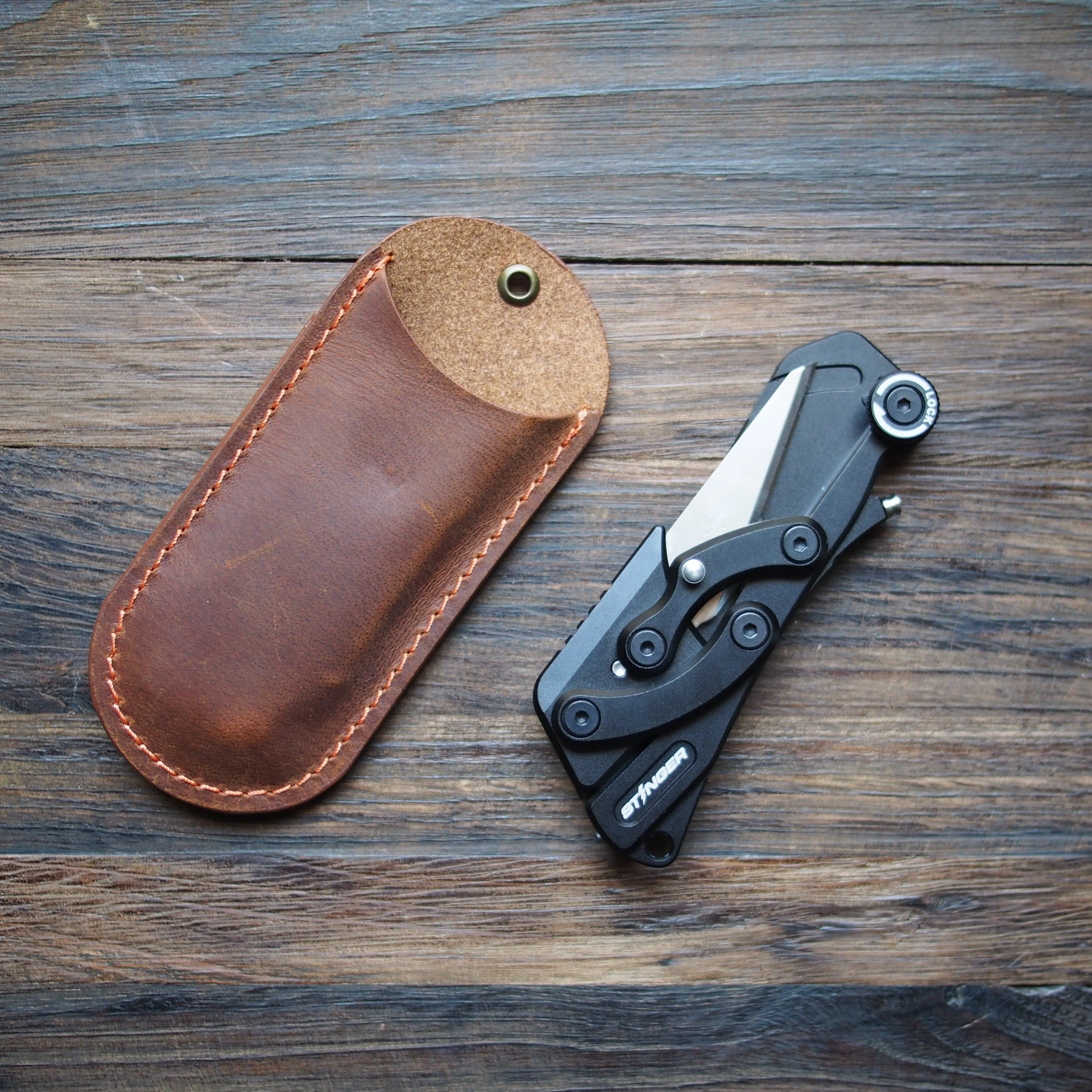 Stinger Olfa Evolution Edge with Leather Pouch, Folding Pocket Utility - Matte Black - Image 2