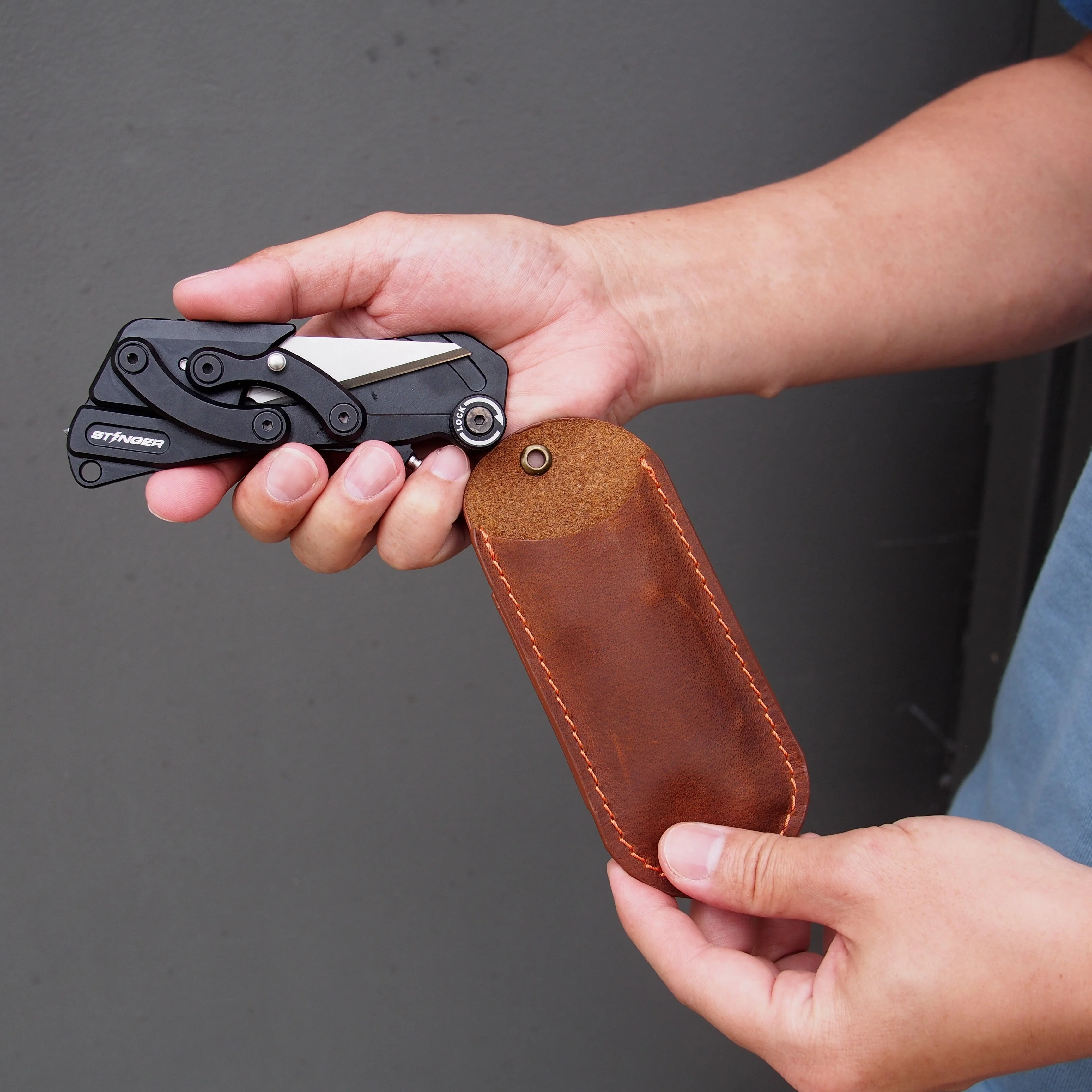 Stinger Olfa Evolution Edge with Leather Pouch, Folding Pocket Utility - Matte Black - Image 5