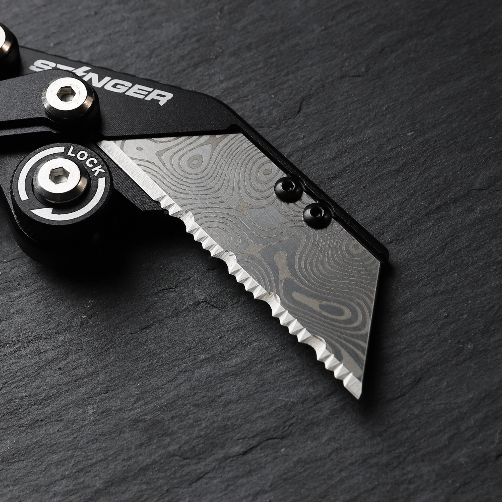Stinger P01 Partially Serrated Utility Blade Replacement - Laser Engraved Silver Damascus Style (3 pcs) - Image 4