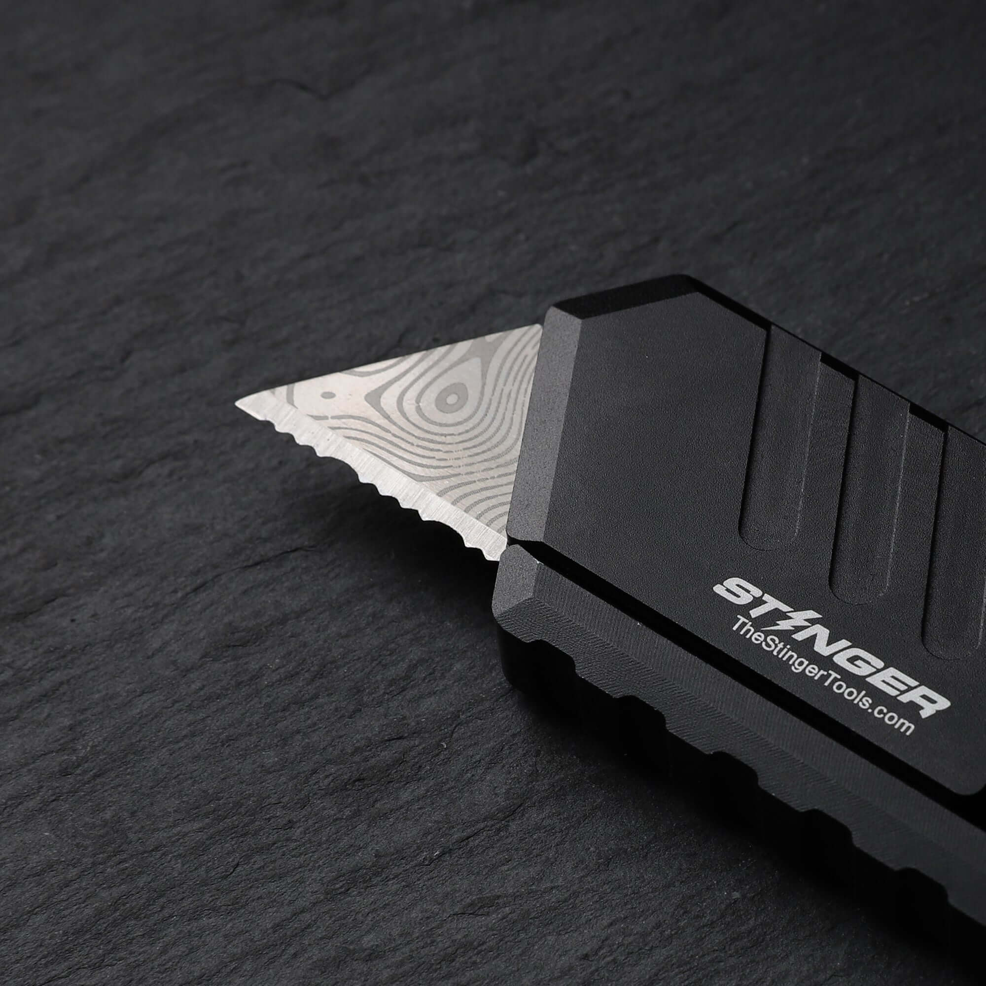 Stinger P01 Partially Serrated Utility Blade Replacement - Laser Engraved Silver Damascus Style (10 pcs) - Image 3