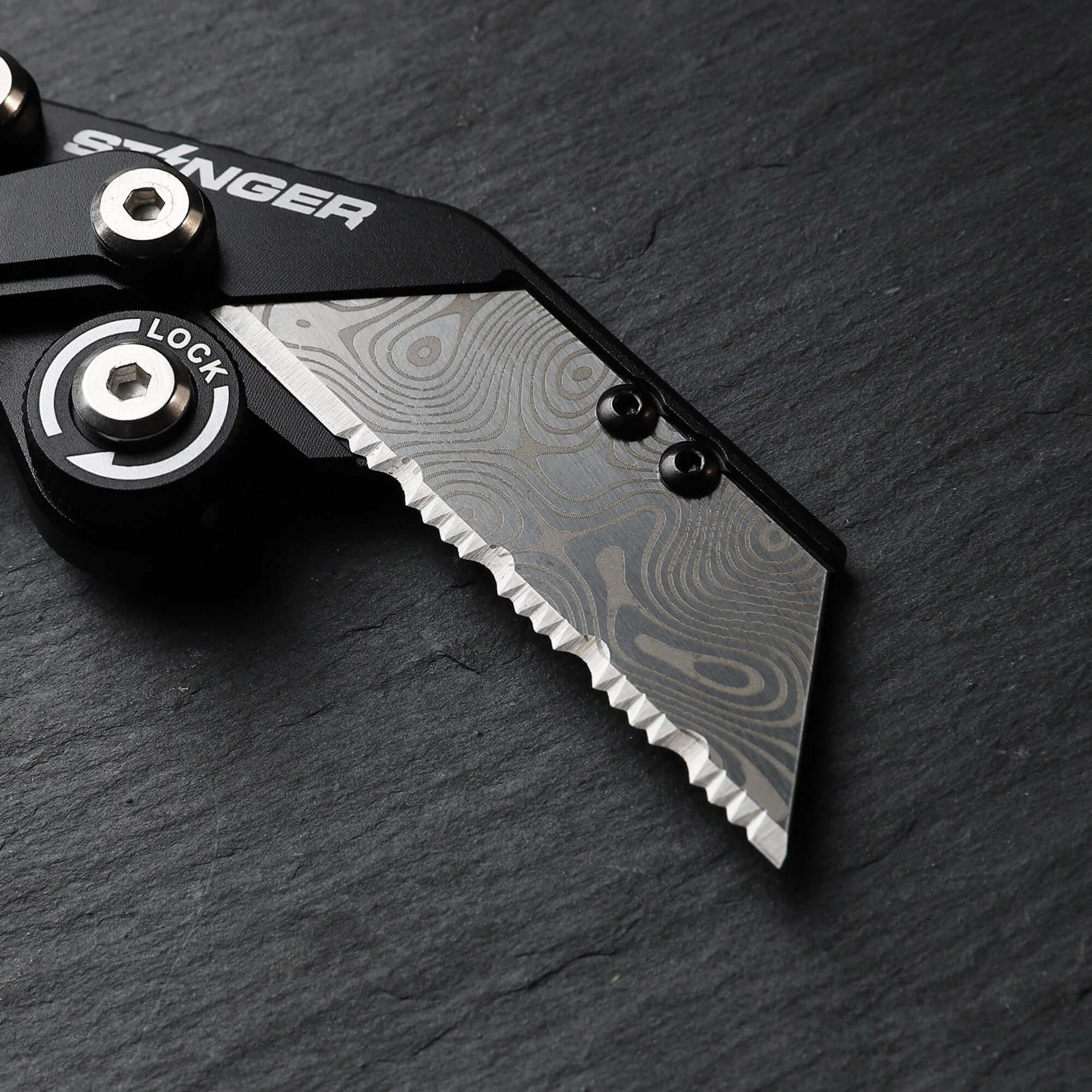 Stinger P01 Partially Serrated Utility Blade Replacement - Laser Engraved Silver Damascus Style (10 pcs) - Image 4