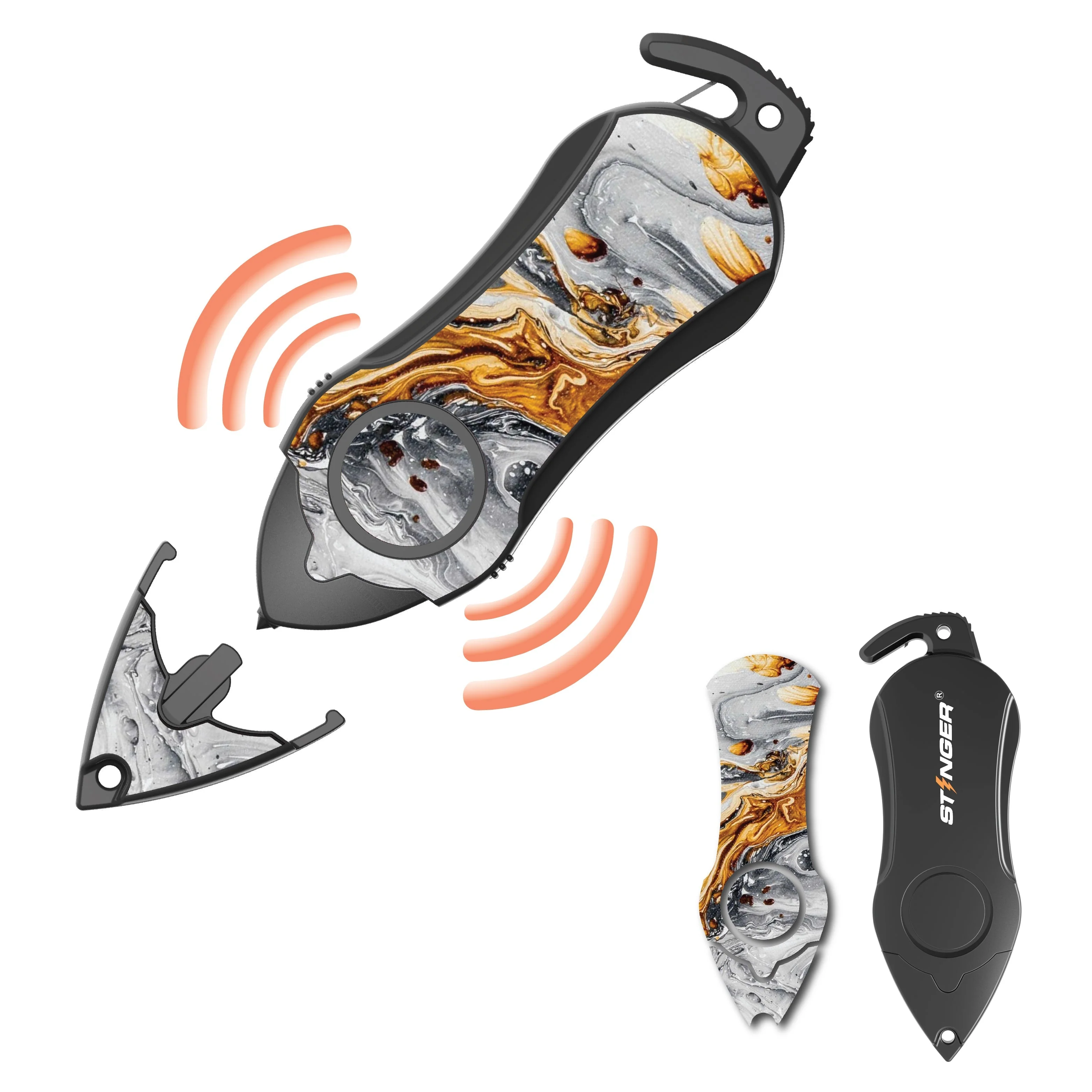 Stinger Personal Safety Alarm Keychain Emergency Tool: Siren Alarm, Seat Belt Cutter, Glass Breaker (Black Marble) - Image 2
