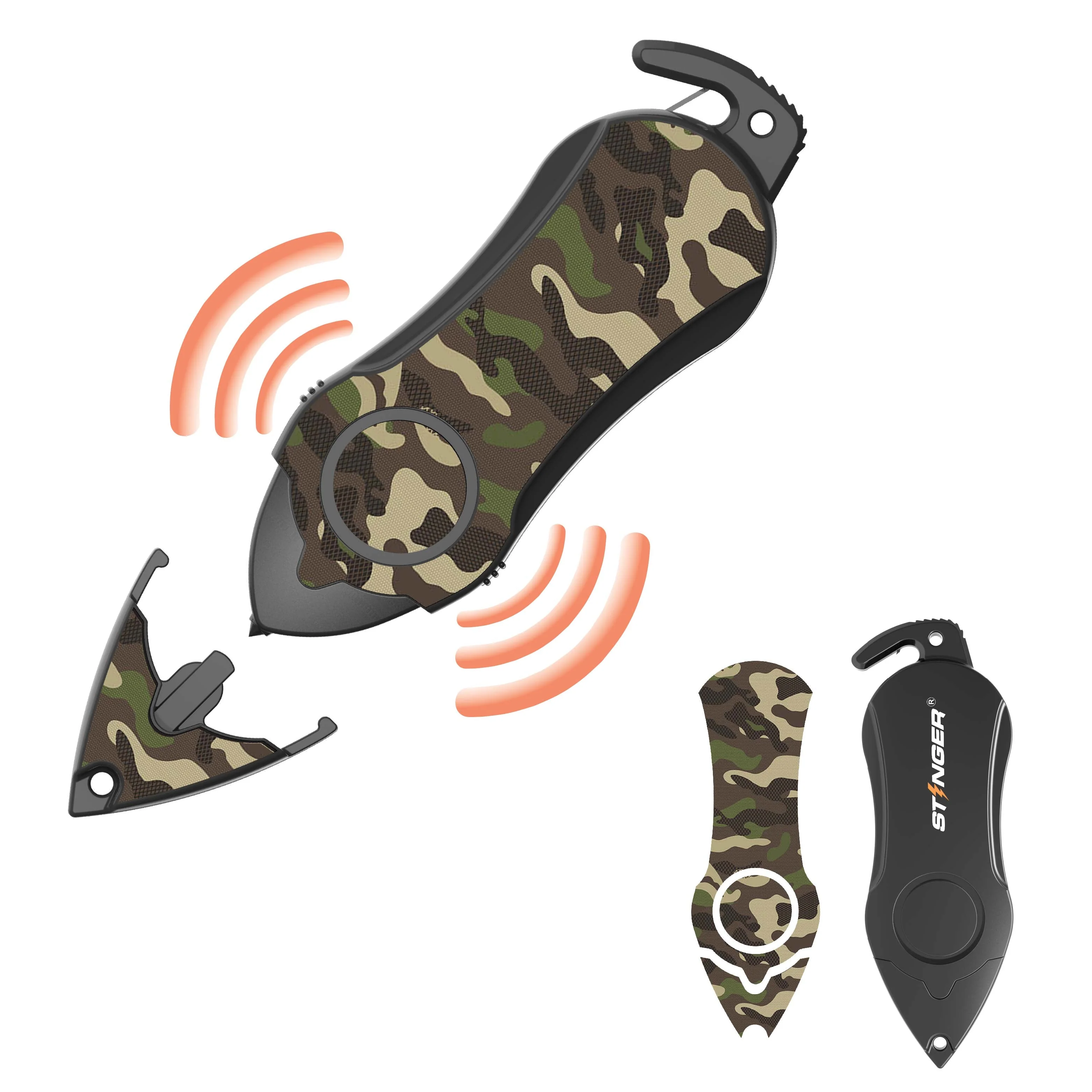 Stinger Personal Safety Alarm Keychain Emergency Tool: Siren Alarm, Seat Belt Cutter, Glass Breaker (Camouflage Green) - Image 2
