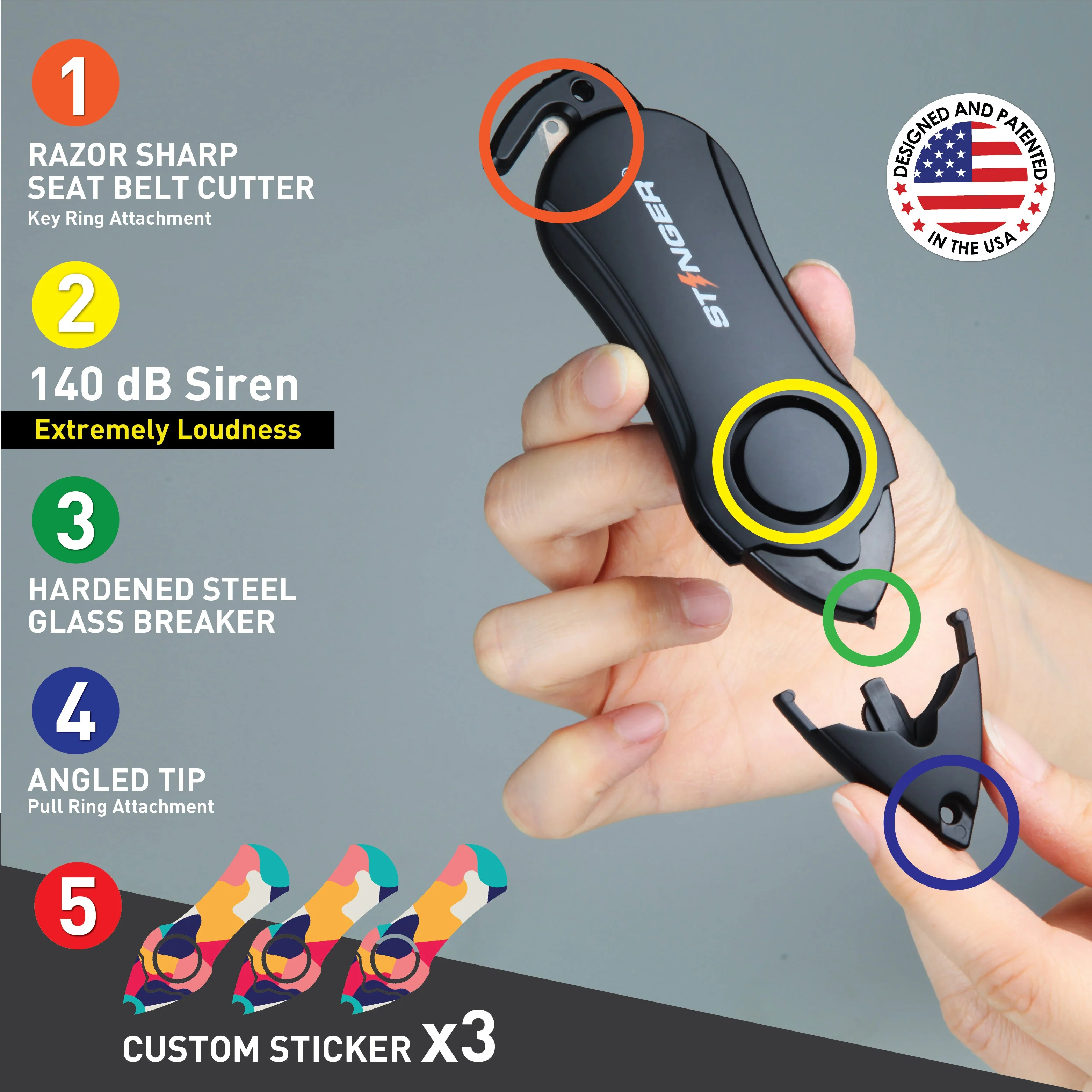 Stinger Personal Safety Alarm Keychain Emergency Tool: Siren Alarm, Seat Belt Cutter, Glass Breaker (Colorful) - Image 4