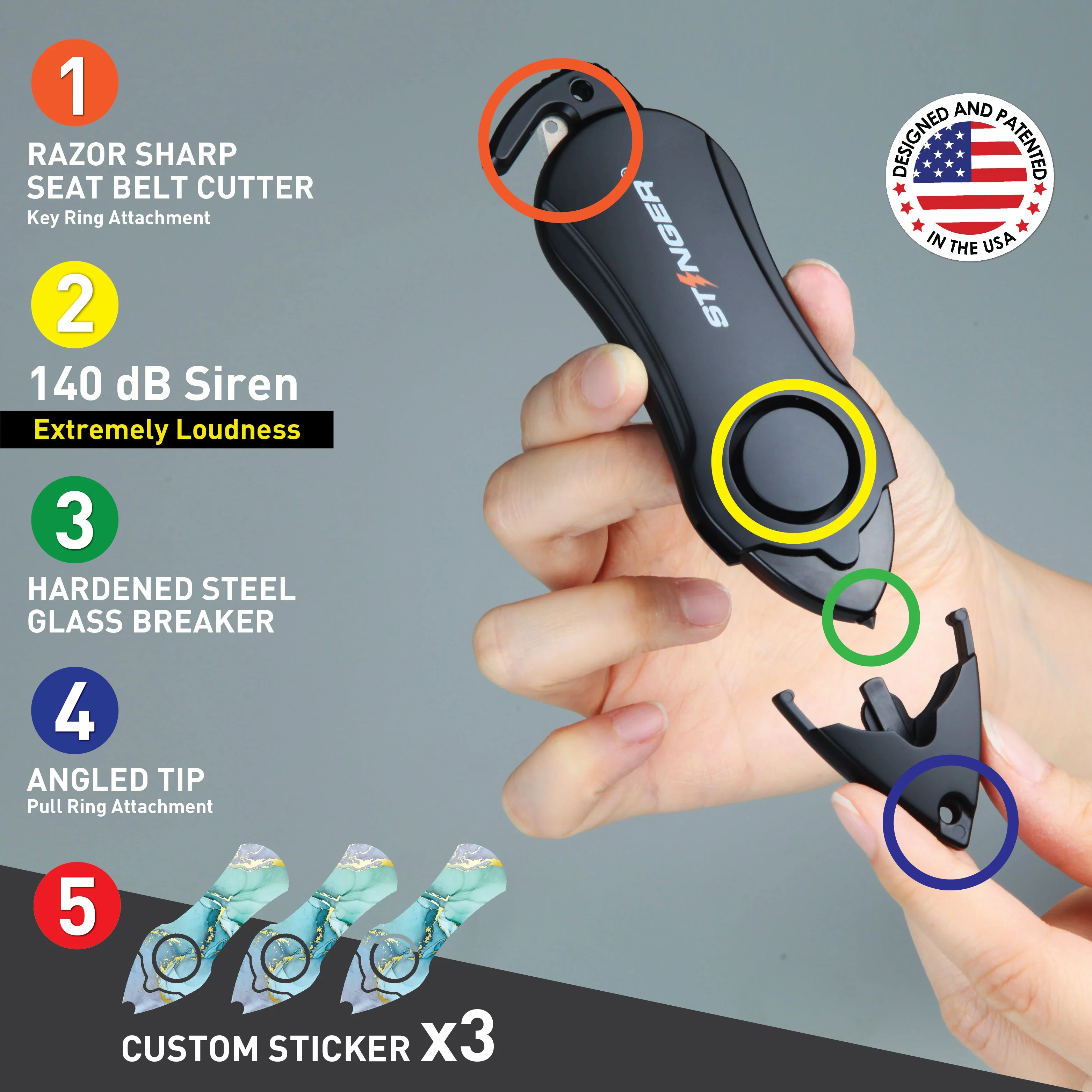Stinger Personal Safety Alarm Keychain Emergency Tool: Siren Alarm, Seat Belt Cutter, Glass Breaker (Green Marble) - Image 4