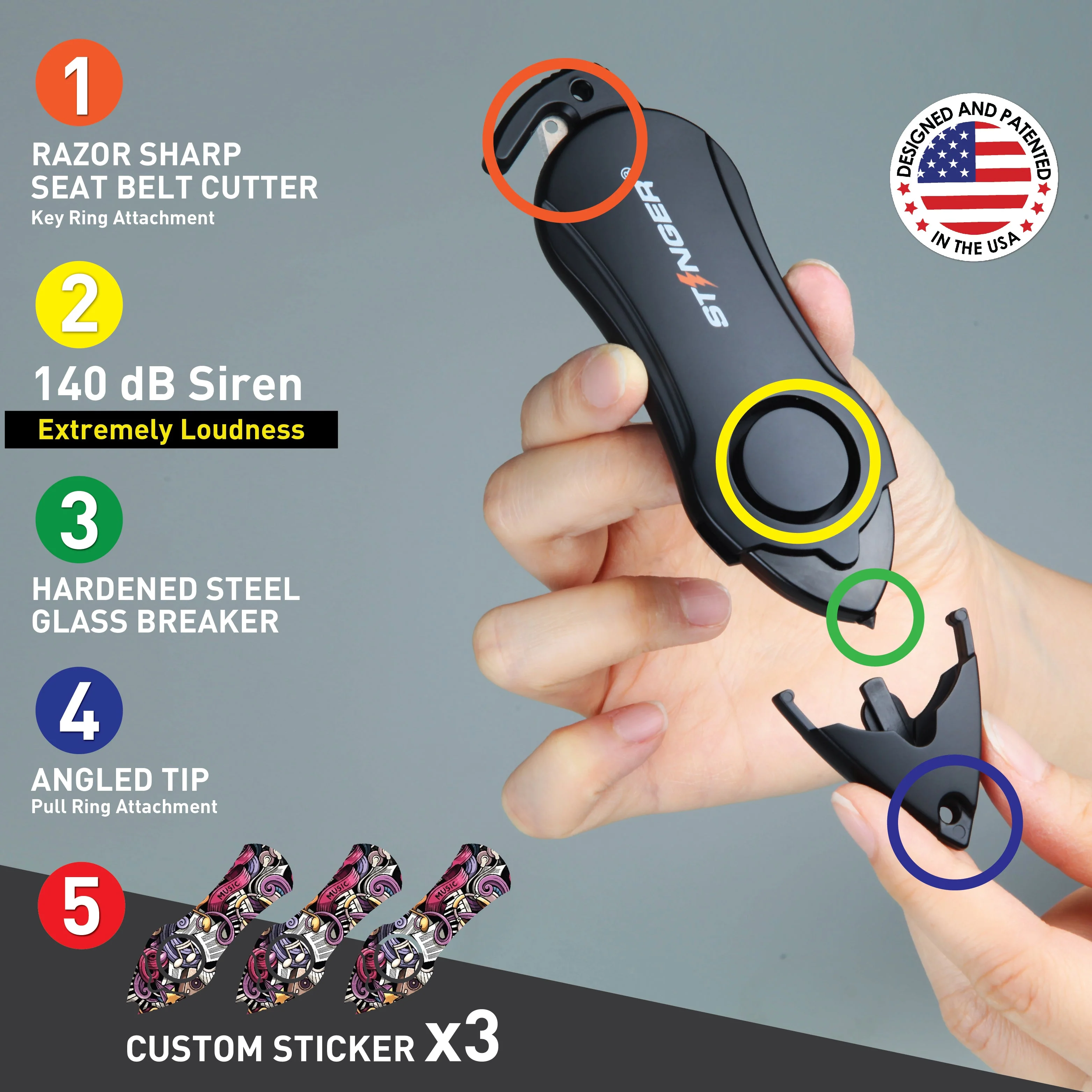 Stinger Personal Safety Alarm Keychain Emergency Tool: Siren Alarm, Seat Belt Cutter, Glass Breaker (Music) - Image 4