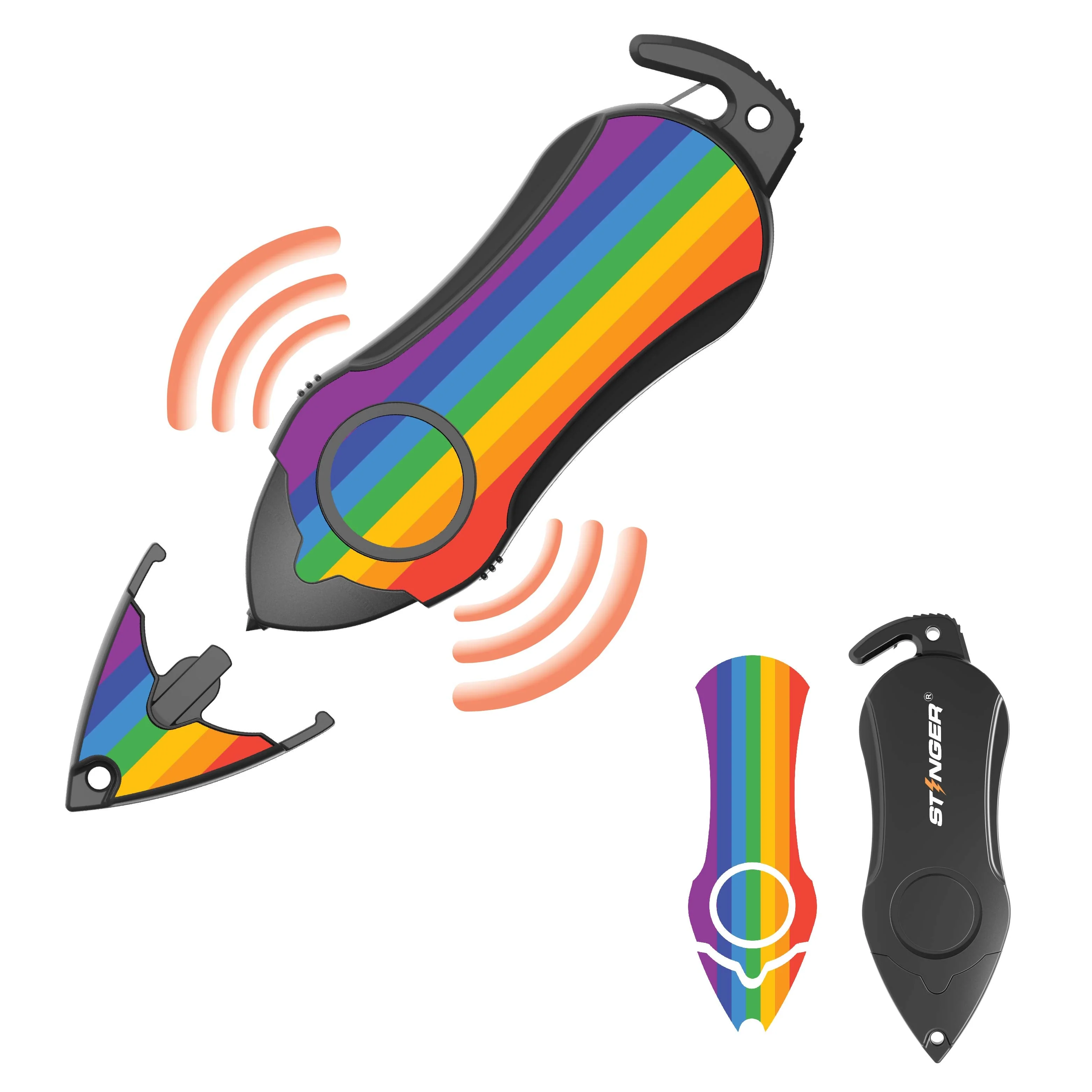 Stinger Personal Safety Alarm Keychain Emergency Tool: Siren Alarm, Seat Belt Cutter, Glass Breaker (Rainbow) - Image 2