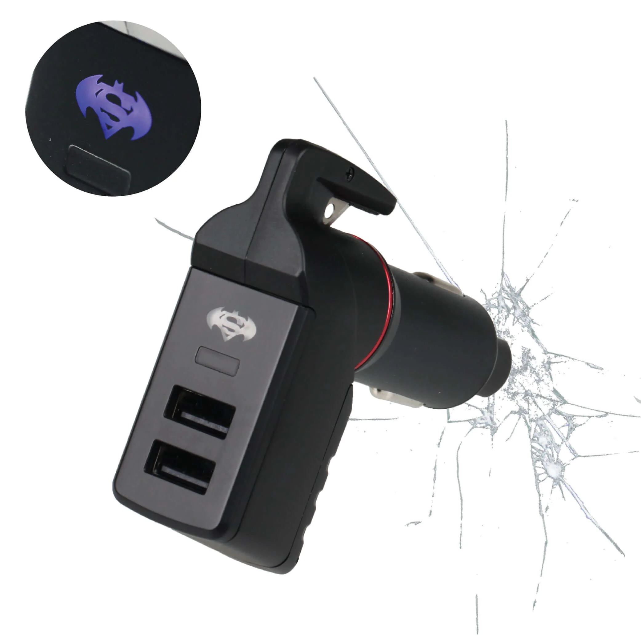 Stinger USB Car Charger Emergency Tool, Seatbelt Cutter, Spring-Loaded Car Window Breaker (Blue Super Batman) (SC)