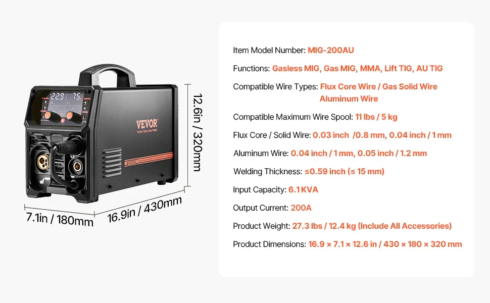 SucceBuy 5-in-1 MIG Welder 200Amp Multi-Process MIG TIG Stick Welding Machine LCD - Image 7