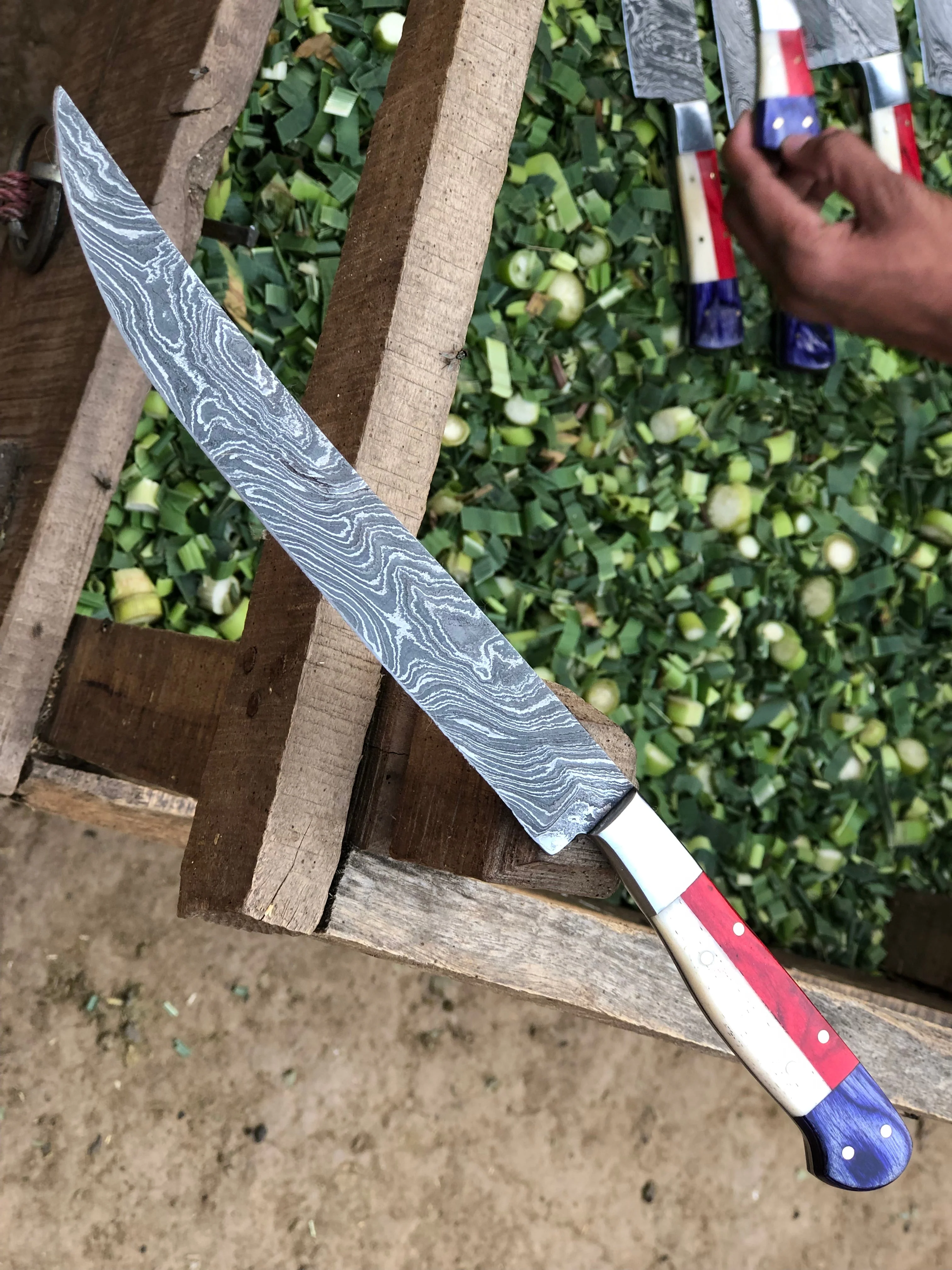 Texas Flag Handle Damascus Steel Handmade Fillet Boning Knife with Blue and Red Exotic Wood and Bone Handle, 12.5 Inches - Image 2
