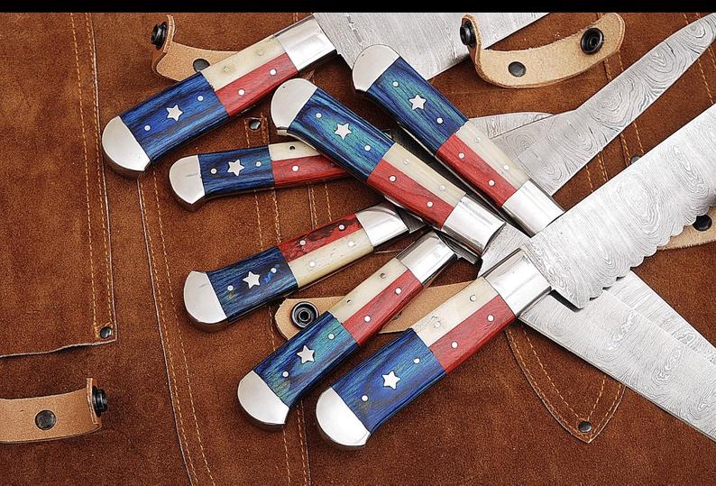 Texas Flag Handle Damascus Steel Kitchen Knives Set - Image 2