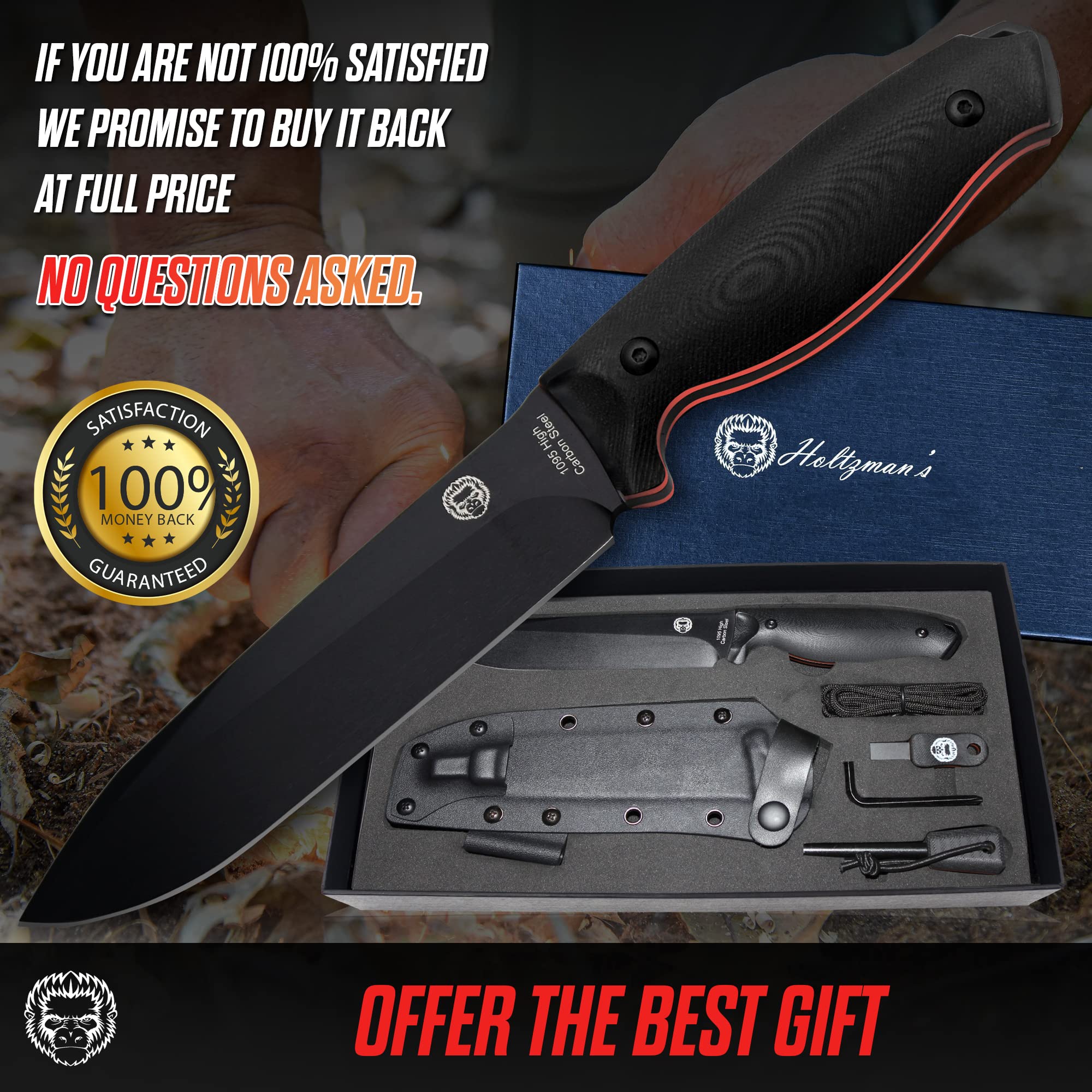 "The Fireline" Bushcraft Survival Knife with 1095 High Carbon Blade Giftset (Black and Orange) - Image 2