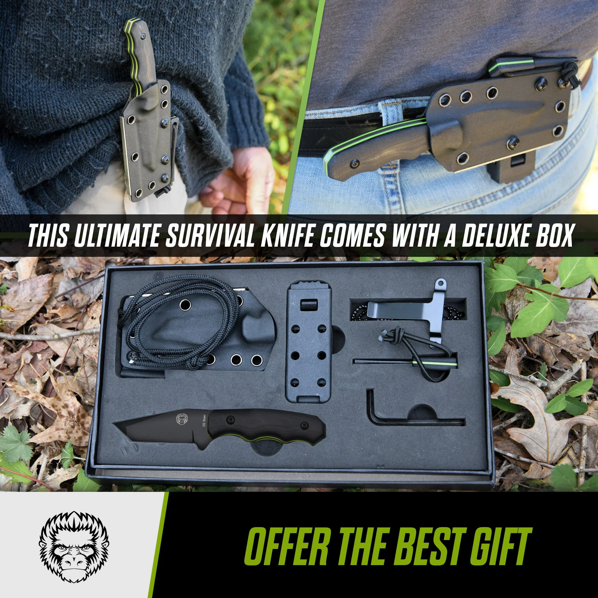 The Wakizashi Survival Neck Knife Giftset for Outdoors (Black Blade + Green Liner) - Image 3