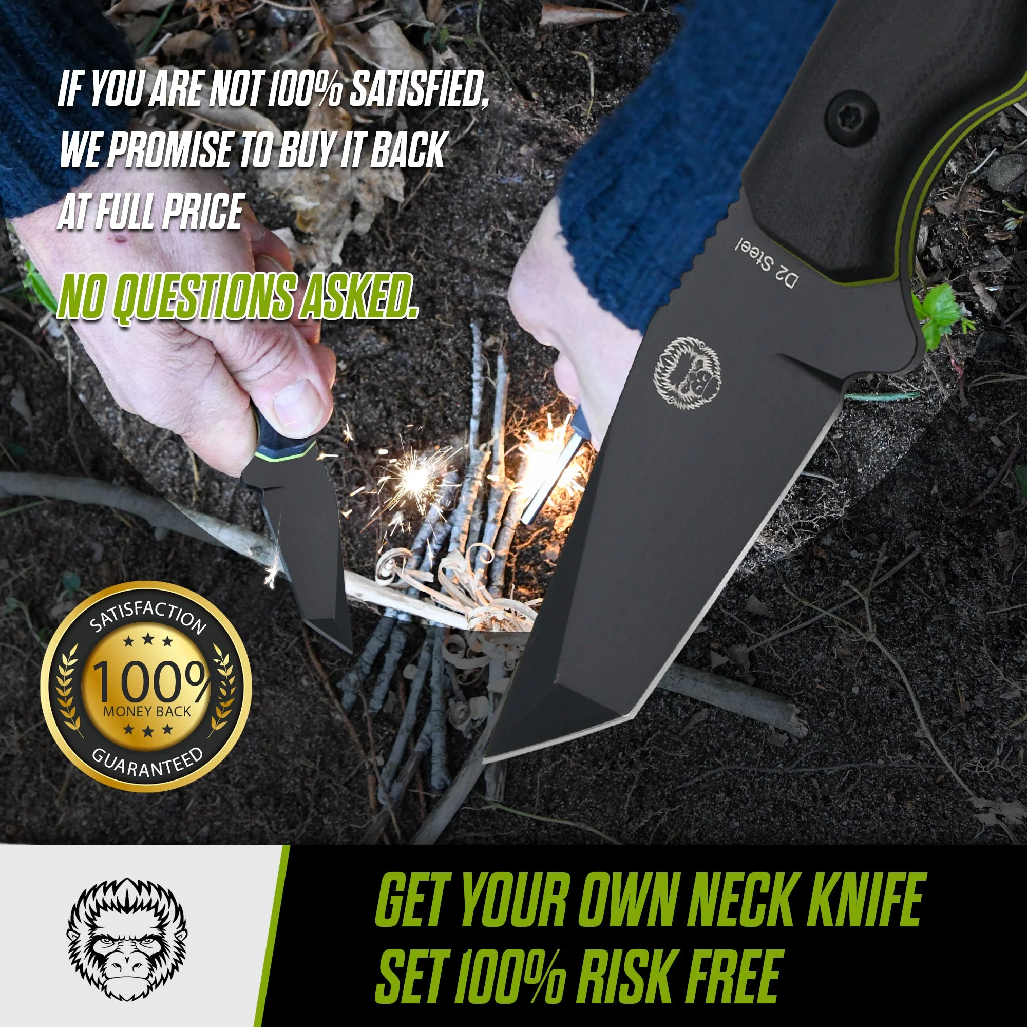 The Wakizashi Survival Neck Knife Giftset for Outdoors (Black Blade + Green Liner) - Image 7