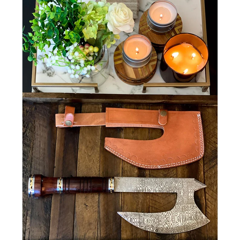 The Wilderness Companion: Damascus Steel Blade Axe with Rosewood Handle, Brass and Steel Spacers, and Leather Sheath - Image 3