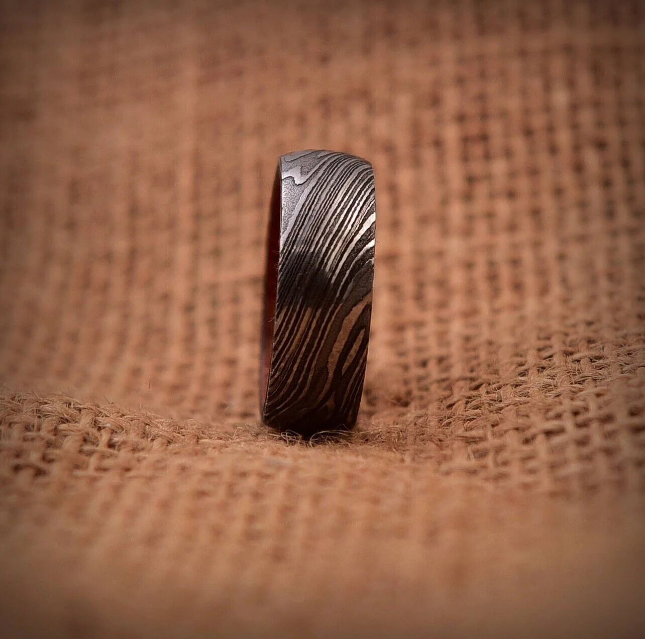 Timeless Bond Damascus Steel Anniversary Ring with Wooden Inlay by KBS Knives Store - Image 2