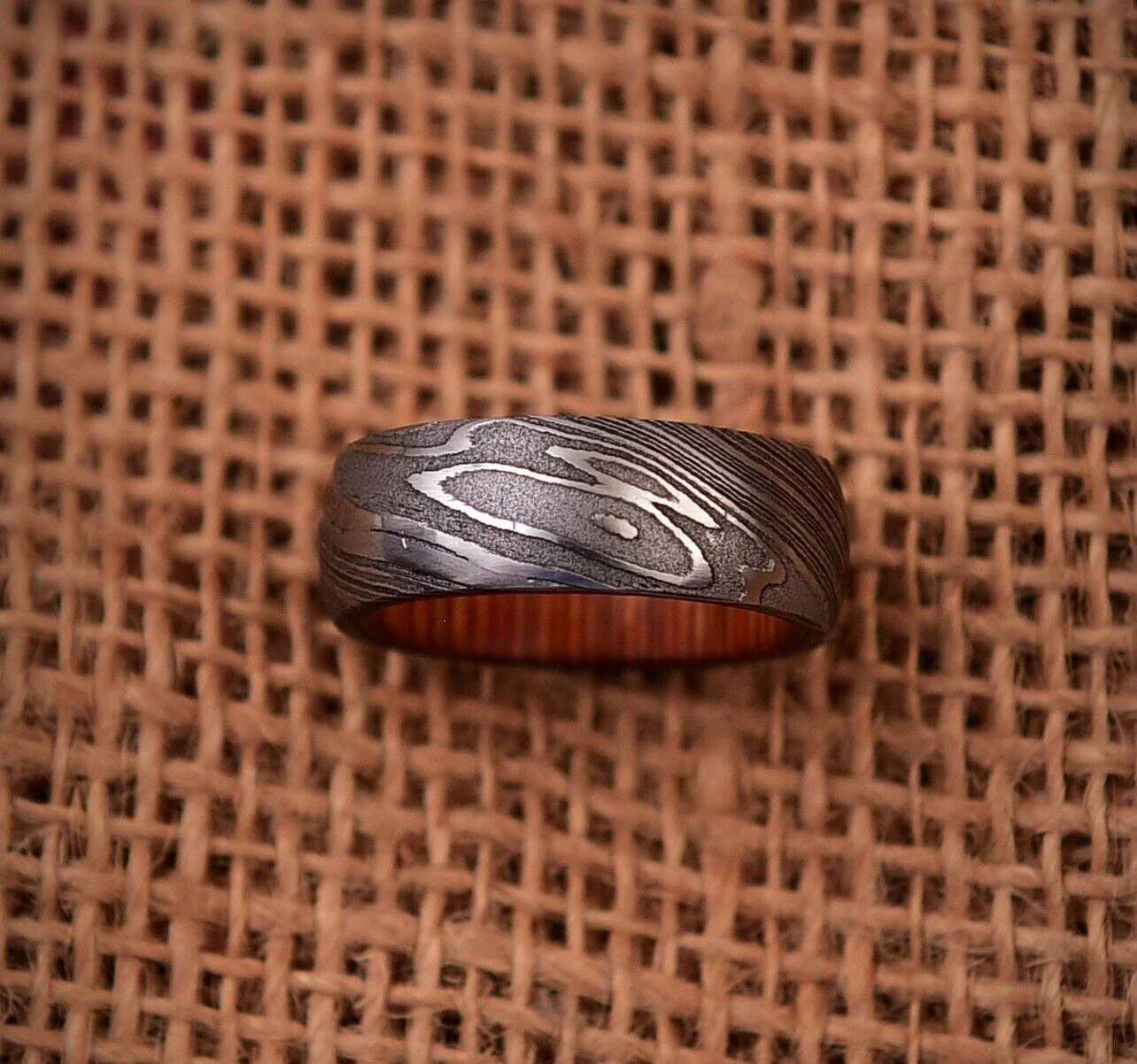 Timeless Bond Damascus Steel Anniversary Ring with Wooden Inlay by KBS Knives Store - Image 3