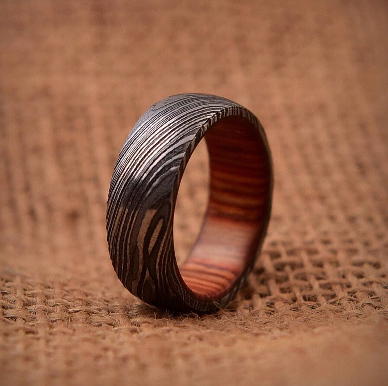Timeless Bond Damascus Steel Anniversary Ring with Wooden Inlay by KBS Knives Store - Image 5