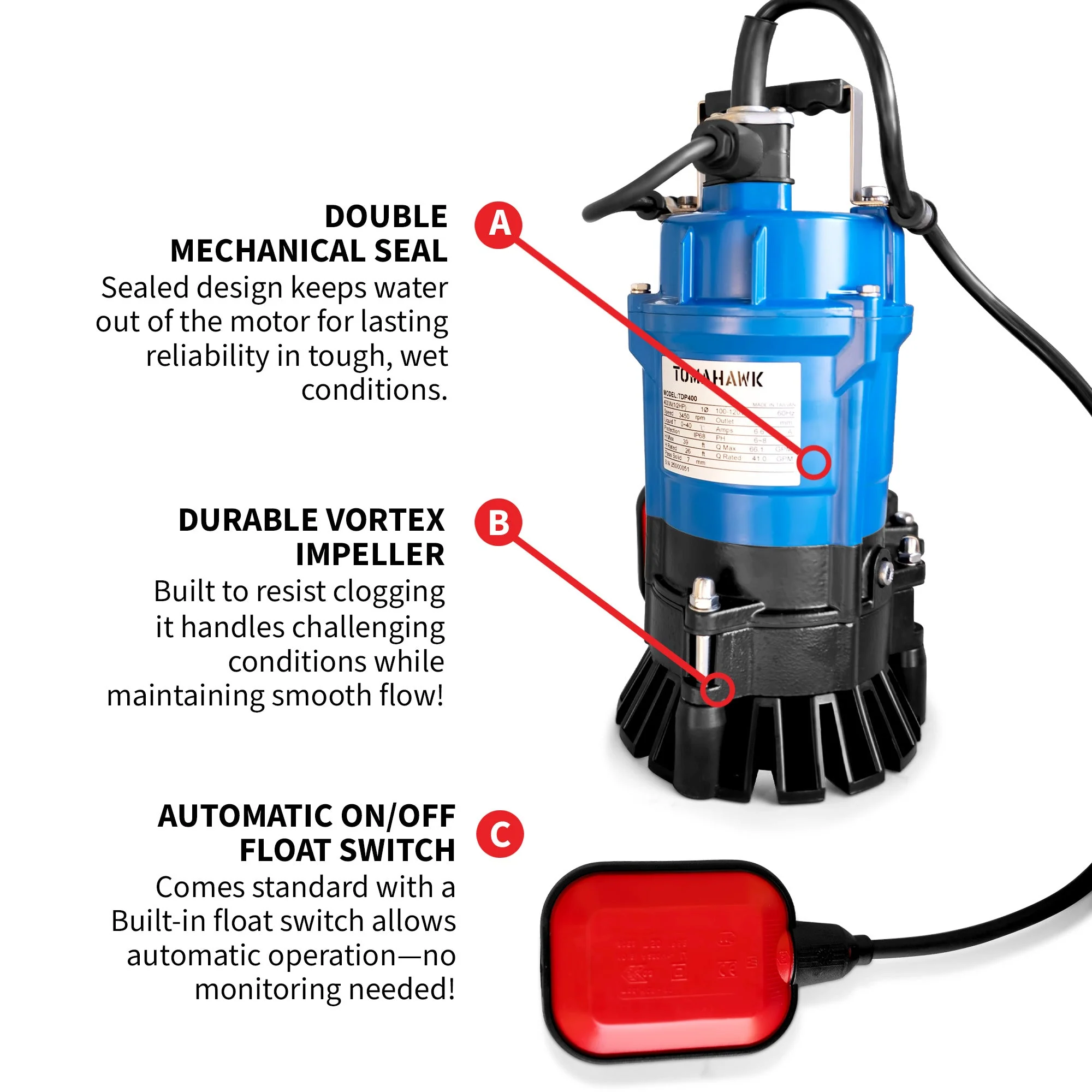 Tomahawk 1/2 HP Submersible Trash Pump, 66 GPM / 3960 GPH, 400W 2" Discharge for Dewatering Flooded Basements, Pools, Irrigation - Image 6