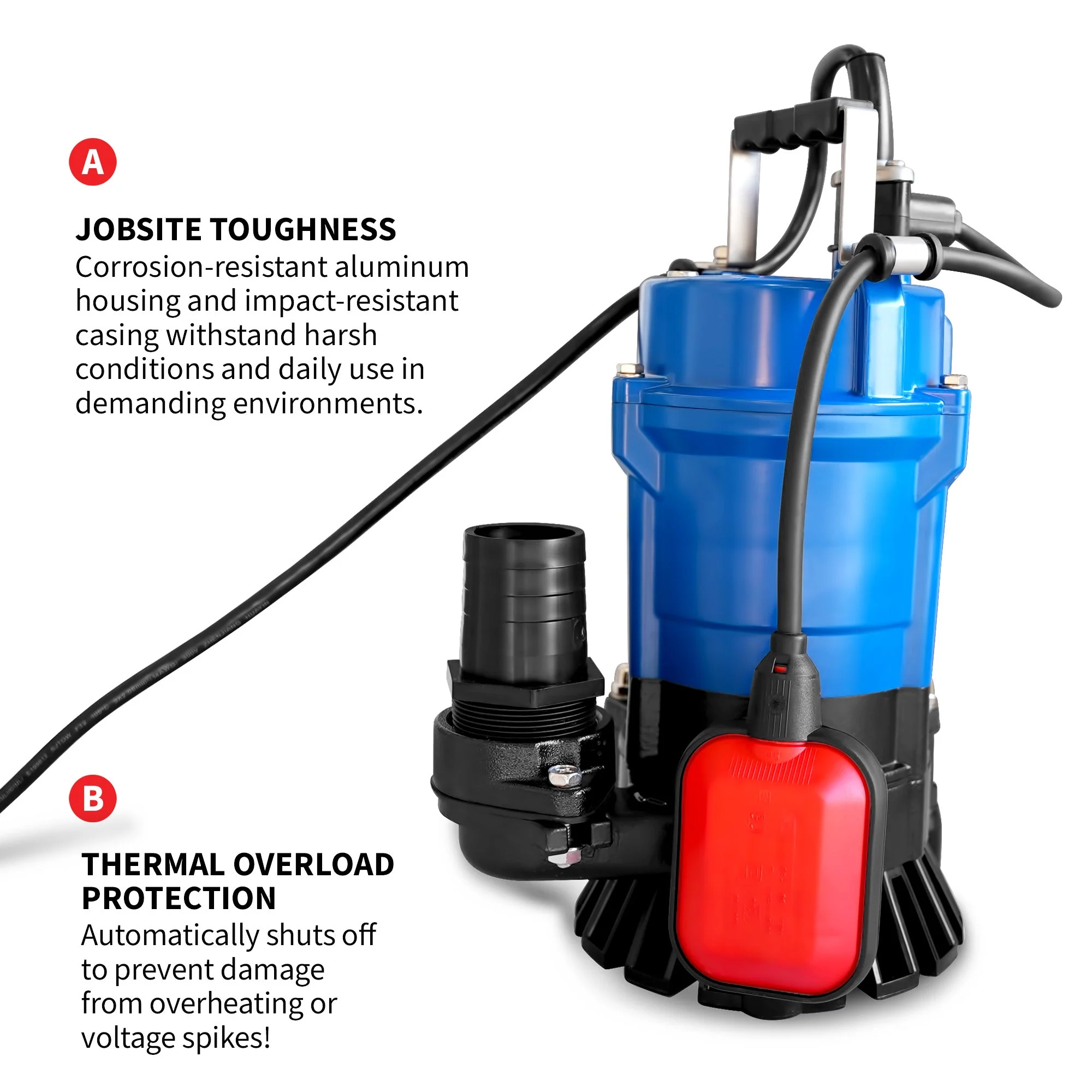 Tomahawk 1/2 HP Submersible Trash Pump, 66 GPM / 3960 GPH, 400W 2" Discharge for Dewatering Flooded Basements, Pools, Irrigation - Image 7