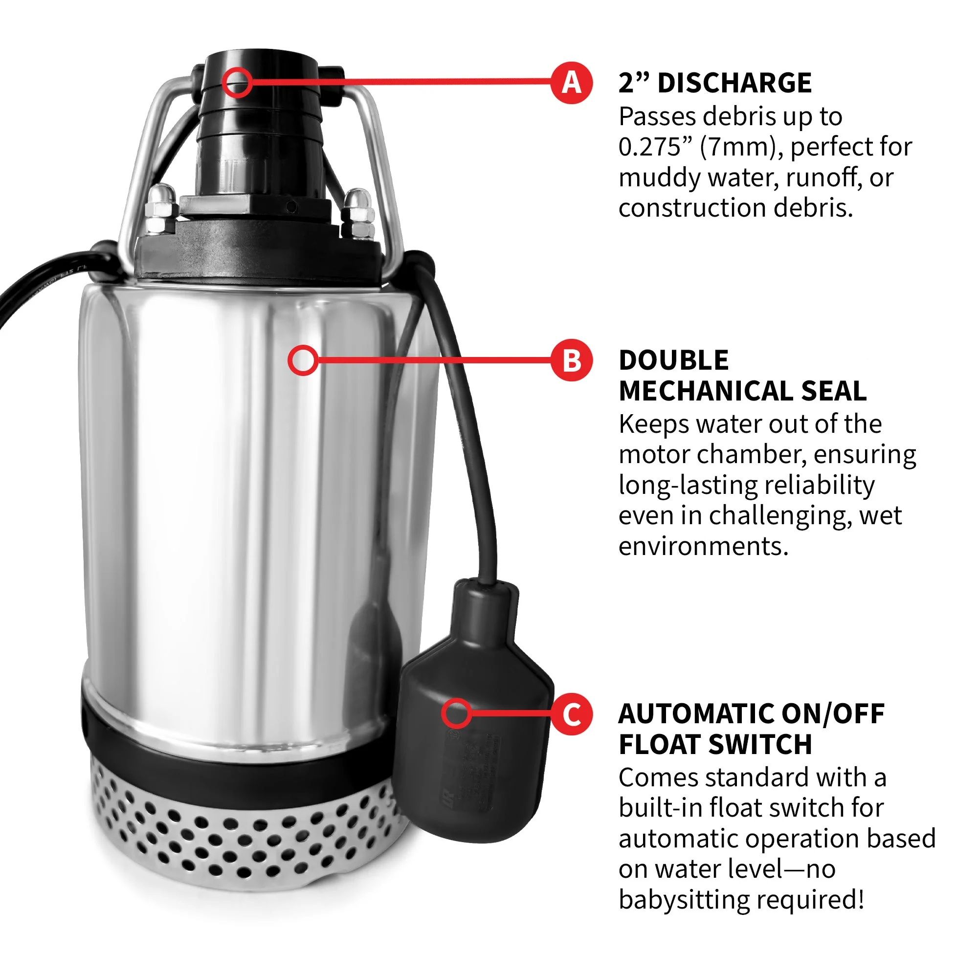 Tomahawk 1 HP Submersible Trash Pump, 73 GPM / 4380 GPH, 750W with Automatic Float Switch Top-Outlet for Flooded Basements, Pools, and Construction Sites - Image 8