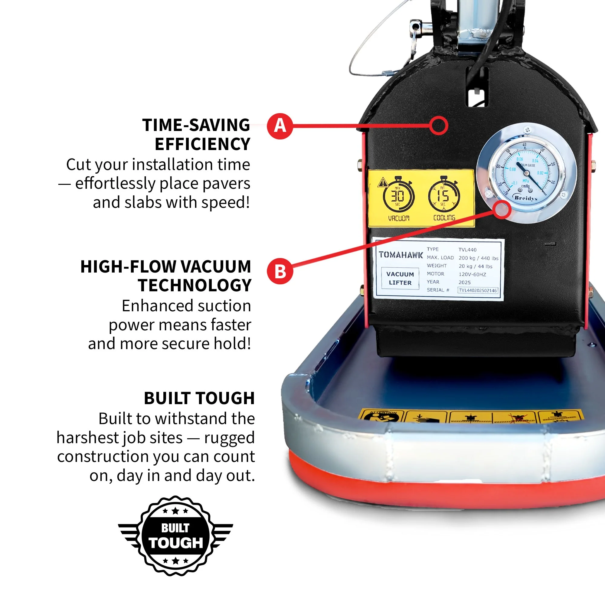 Tomahawk 440 lb Electric Paver Slab Vacuum Lifter 1200W for Hardscaping, Concrete, and Stone Placement - Image 6