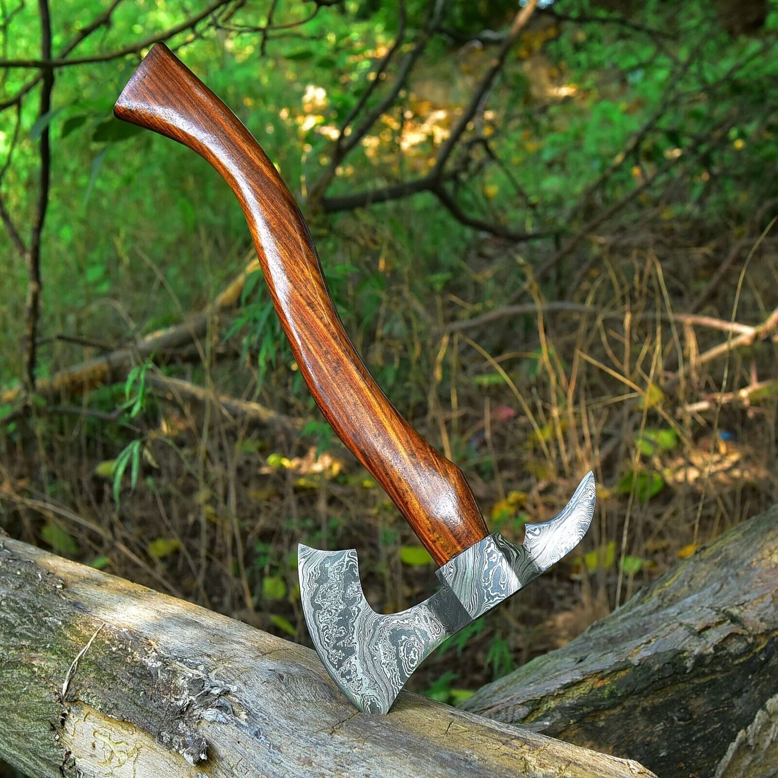 Tomahawk Axe with Custom Handmade Forged Damascus Steel Blade – "Rosewood Warrior" - Image 4