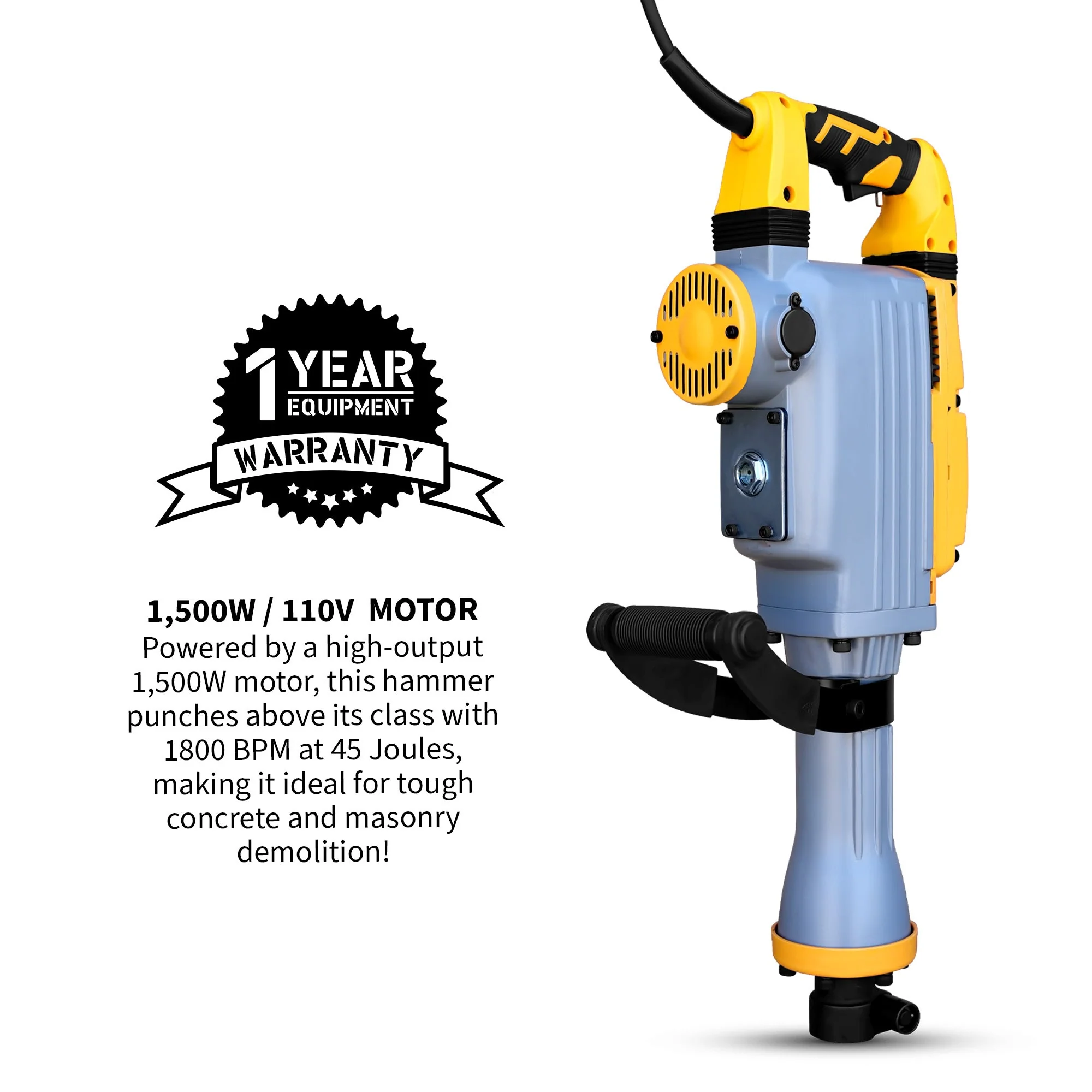 Tomahawk Electric Demolition Jack Hammer 35 lb 1500W 1-1/8" Hex Breaker for Concrete Asphalt Tile Removal Heavy Duty Jackhammer - Image 4