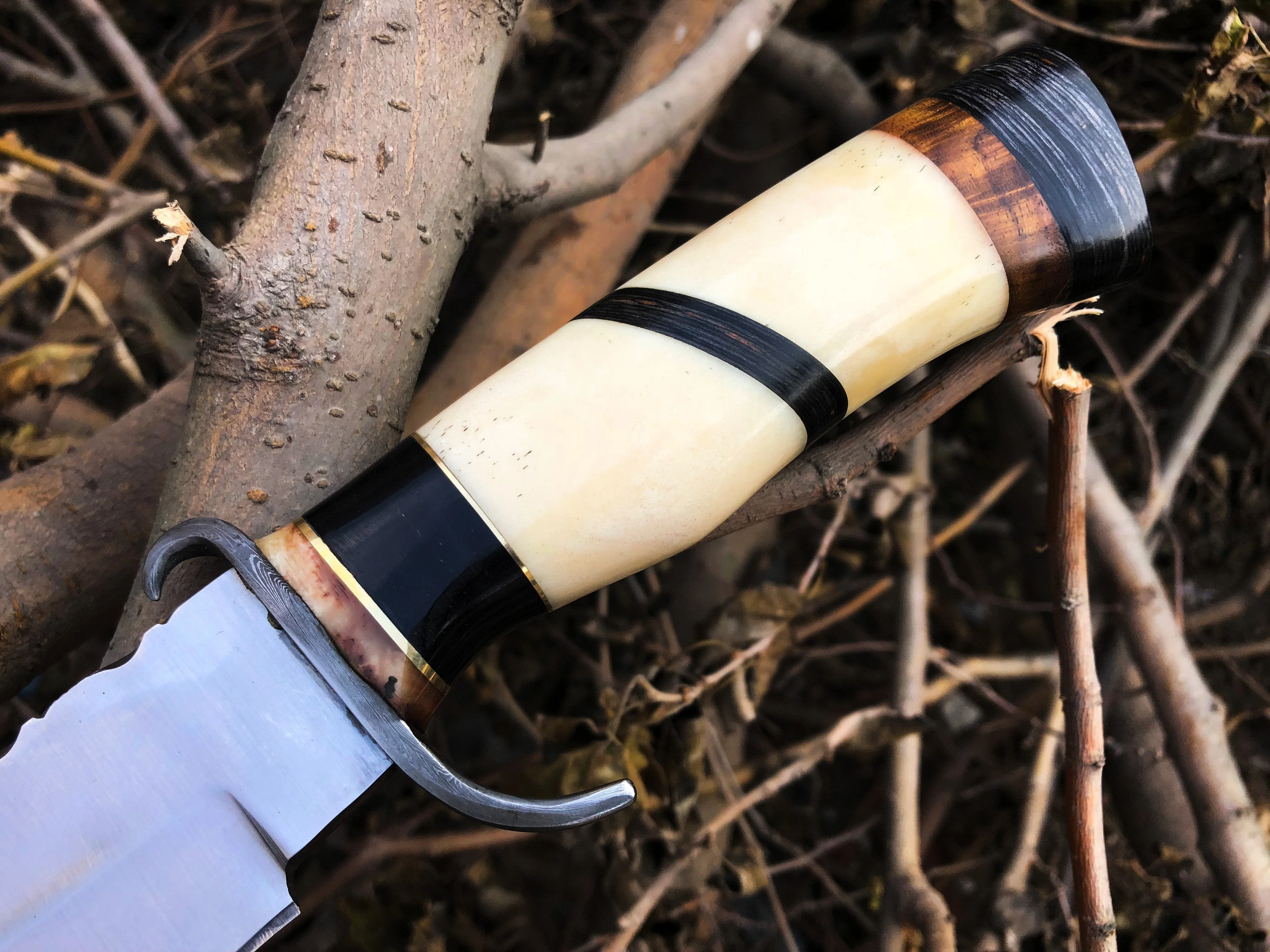 Top Quality Hunting Bowie Knife | D2 Steel Blade | Bone, Buffalo, Wood Handle with Damascus Guard | 13 Inches | Leather Sheath | KBS Knives Store - Image 2