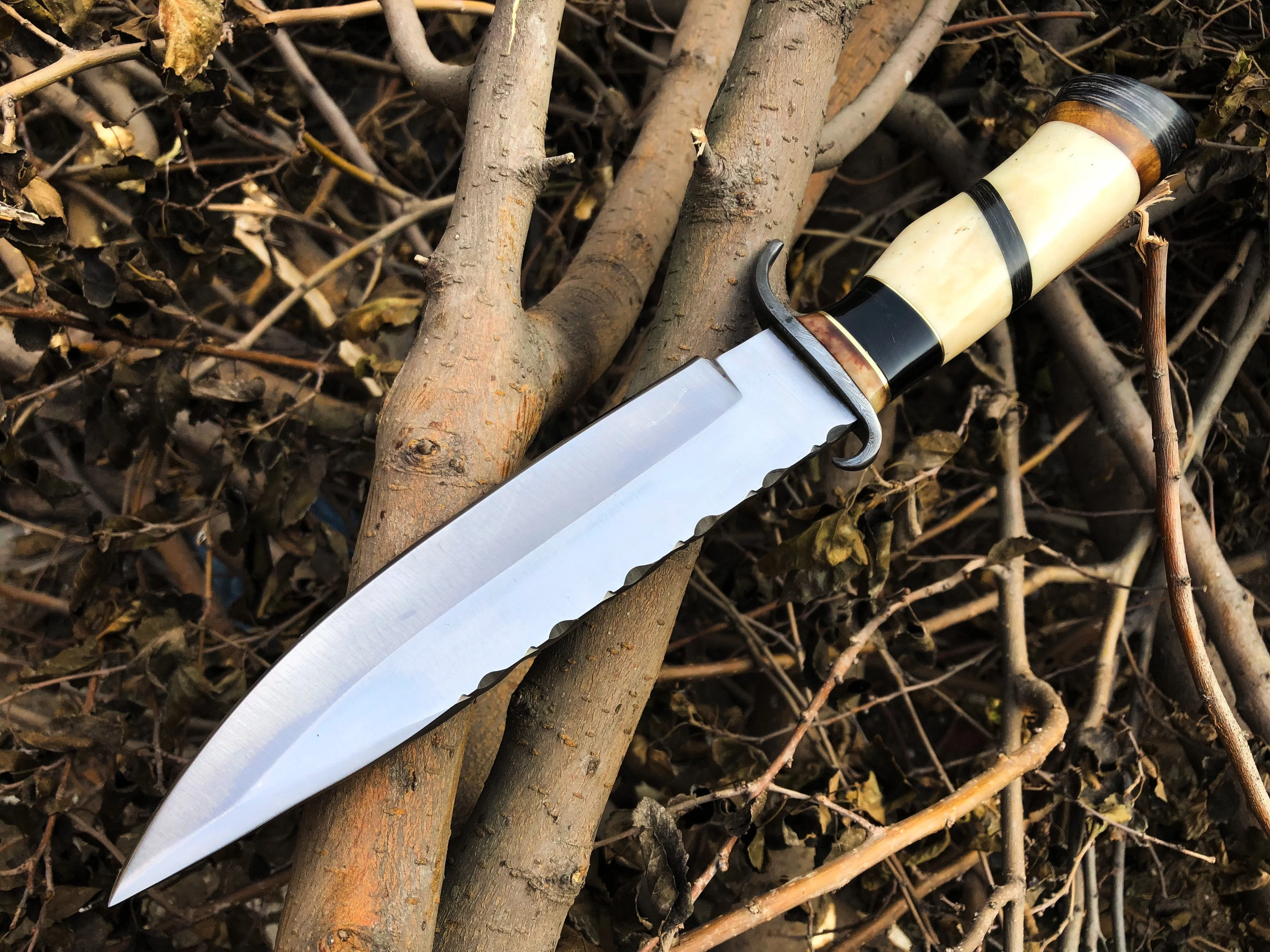 Top Quality Hunting Bowie Knife | D2 Steel Blade | Bone, Buffalo, Wood Handle with Damascus Guard | 13 Inches | Leather Sheath | KBS Knives Store - Image 3