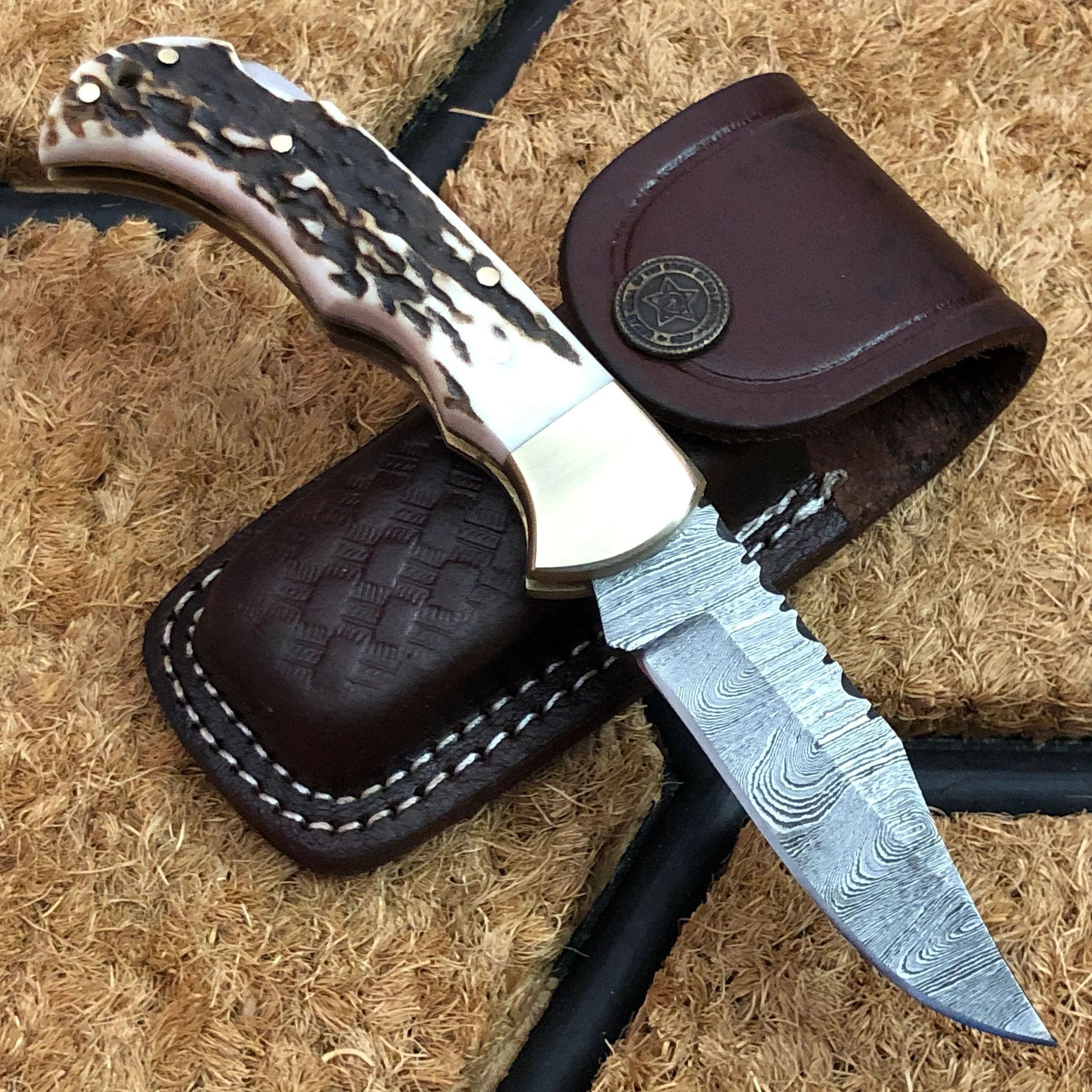 Utility Folding Pocket Knife | Antler Horn Handle with Brass Bolster | 3-Inch Blade | Leather Case | KBS Knives Store - Image 2
