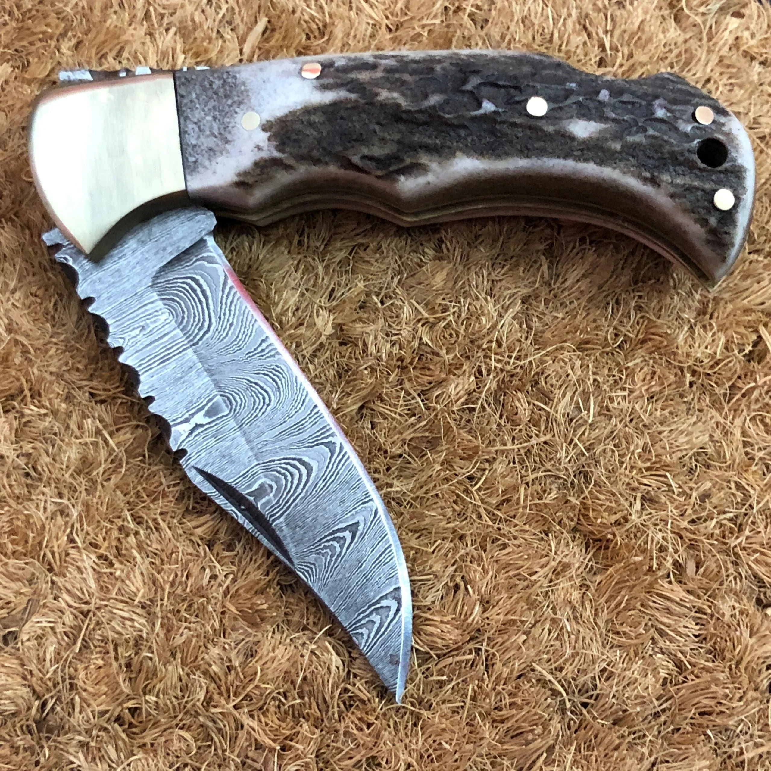 Utility Folding Pocket Knife | Antler Horn Handle with Brass Bolster | 3-Inch Blade | Leather Case | KBS Knives Store - Image 3