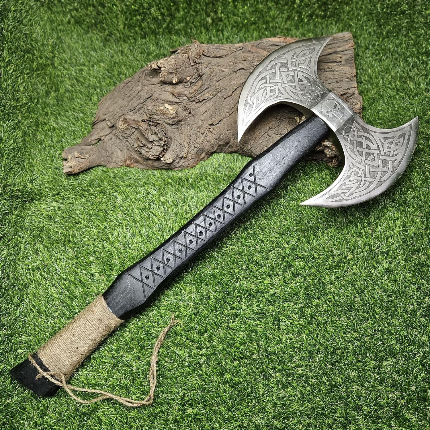 Viking Axe with Custom Handmade Forged 1095 Steel Double Sided Blade and Hand Engraved Black Ash Wood Handle – Thor’s Fury - Image 3
