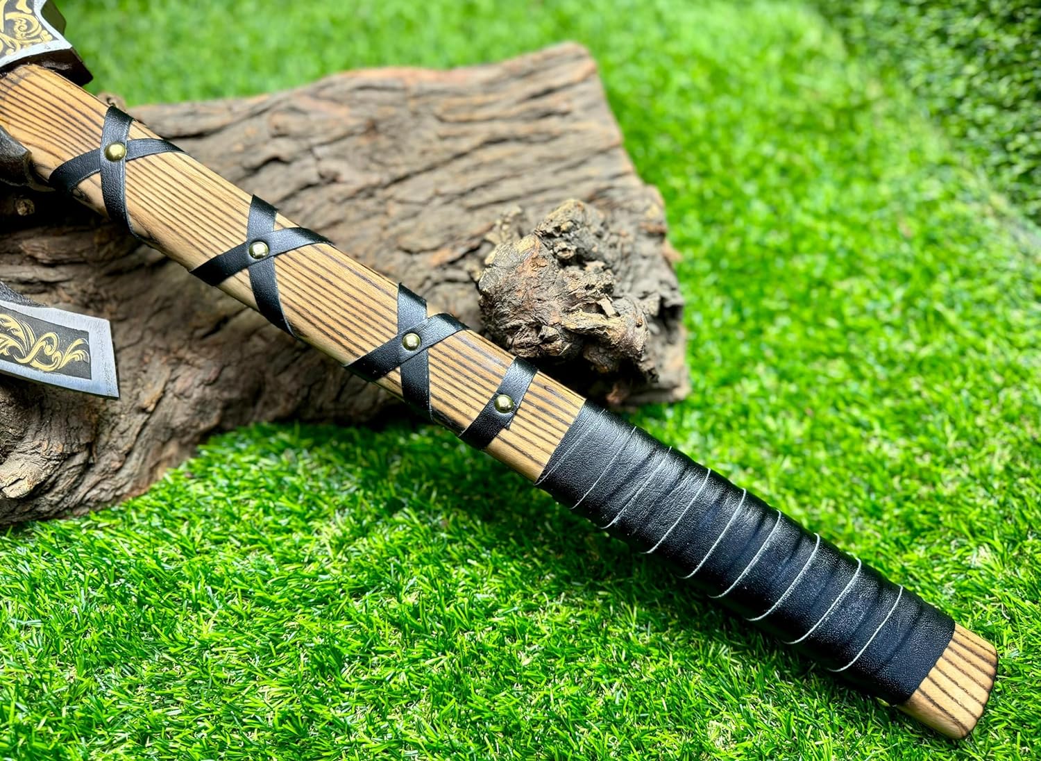 Viking Hatchet with Custom Handmade Engraved 1095 Steel Blade and Ash Wood Leather-Wrapped Handle – Battle Forge - Image 3