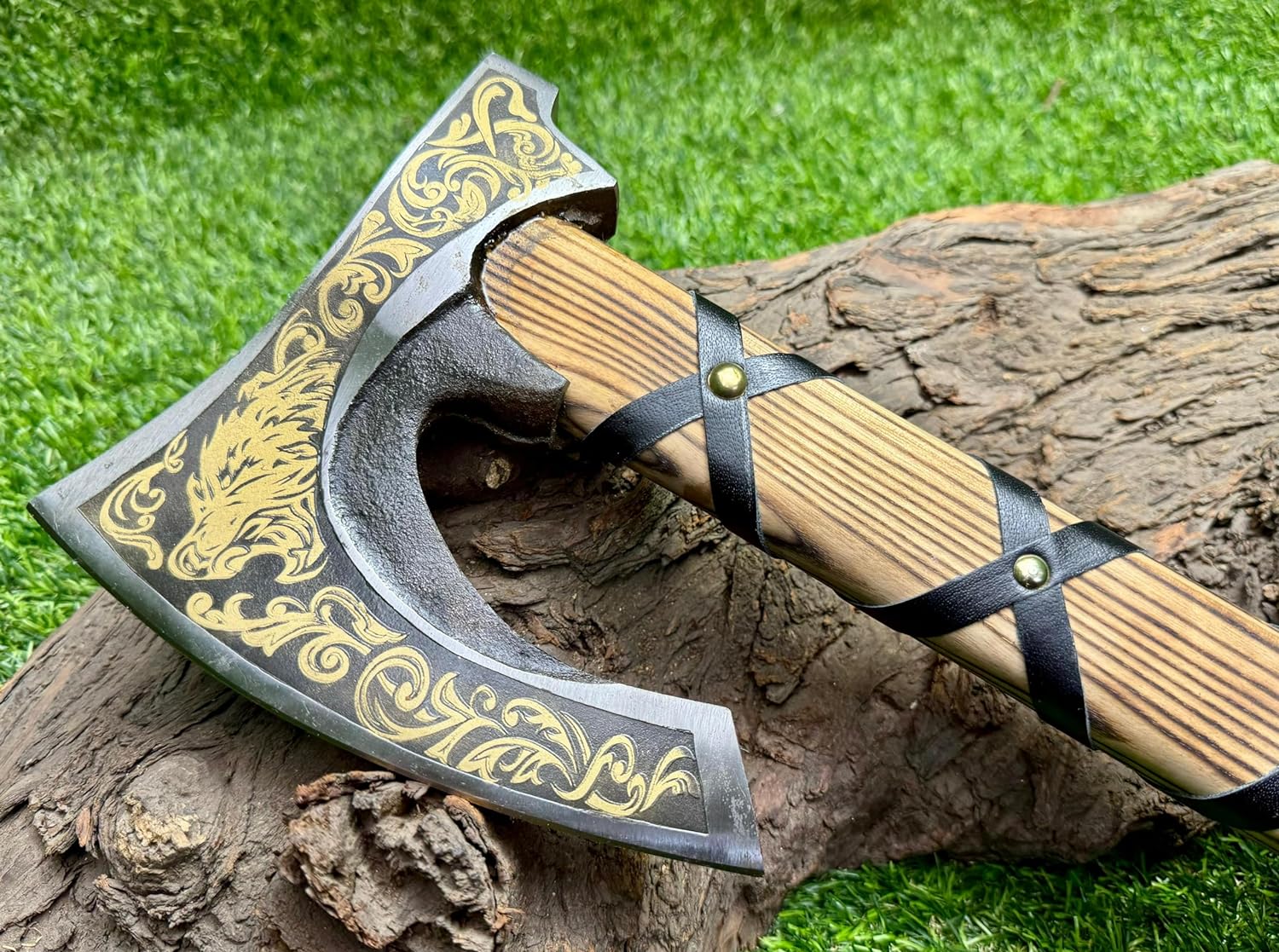 Viking Hatchet with Custom Handmade Engraved 1095 Steel Blade and Ash Wood Leather-Wrapped Handle – Battle Forge - Image 4