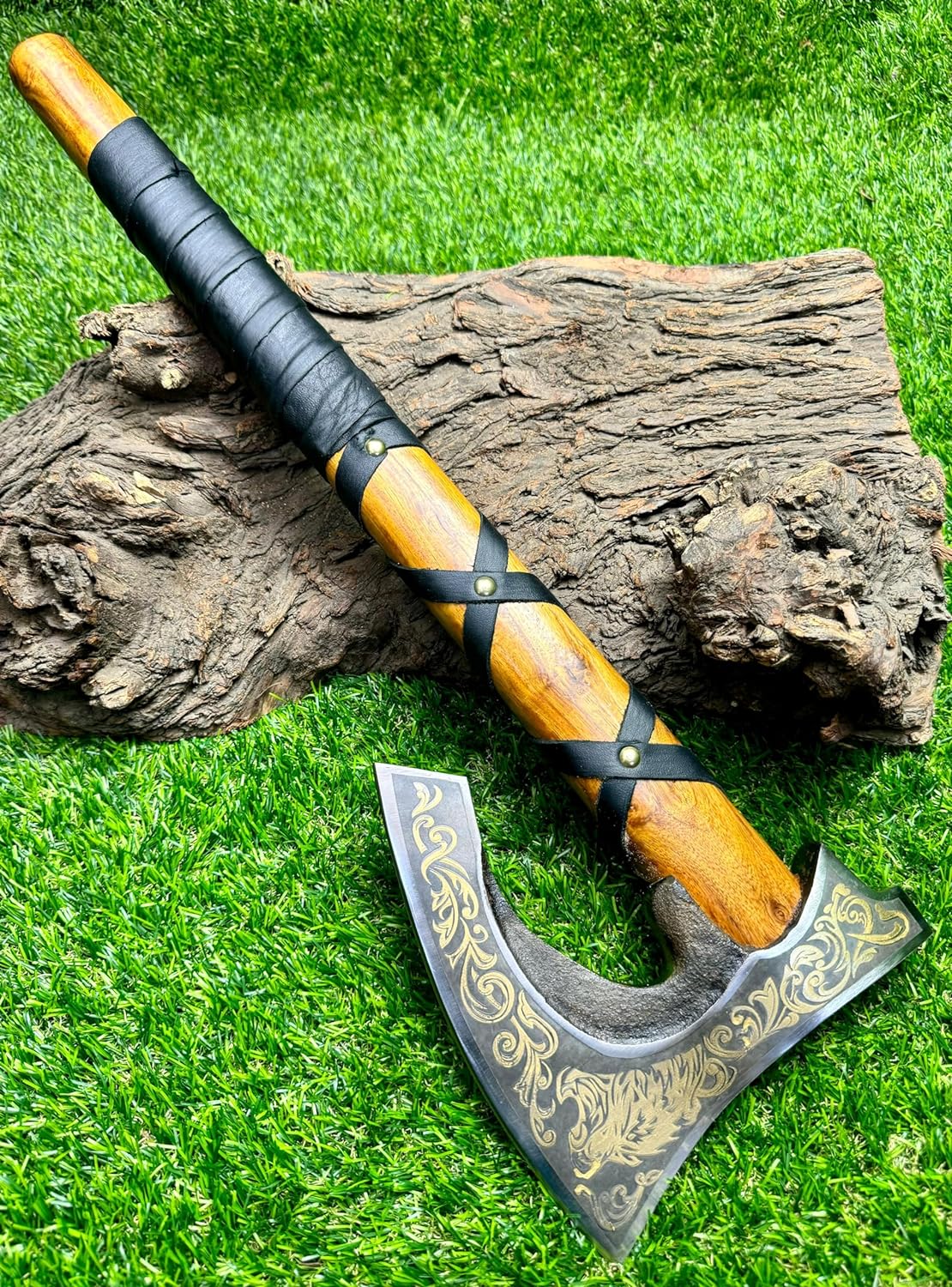 Viking Hatchet with Custom Handmade Engraved 1095 Steel Blade and Ash Wood Leather-Wrapped Handle – Battle Forge - Image 5