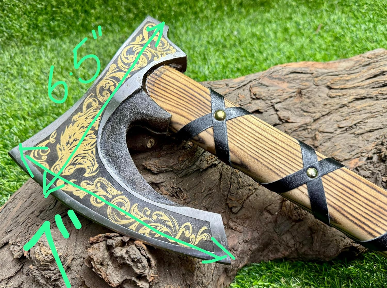 Viking Hatchet with Custom Handmade Engraved 1095 Steel Blade and Ash Wood Leather-Wrapped Handle – Battle Forge - Image 6