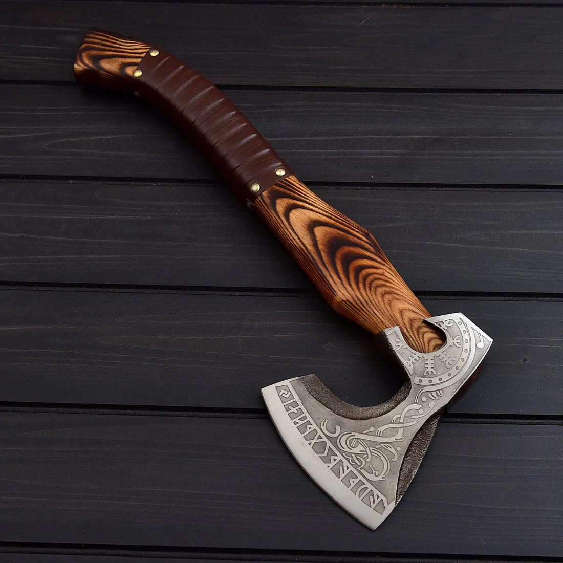 Viking Tomahawk for Sale - Engraved 1095 Forged Steel Blade, Ash Wood Handle with Leather Wrap, Leather Sheath - KBS Knives Store - Image 2