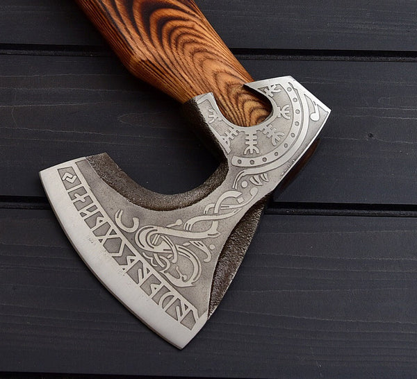 Viking Tomahawk for Sale - Engraved 1095 Forged Steel Blade, Ash Wood Handle with Leather Wrap, Leather Sheath - KBS Knives Store - Image 3