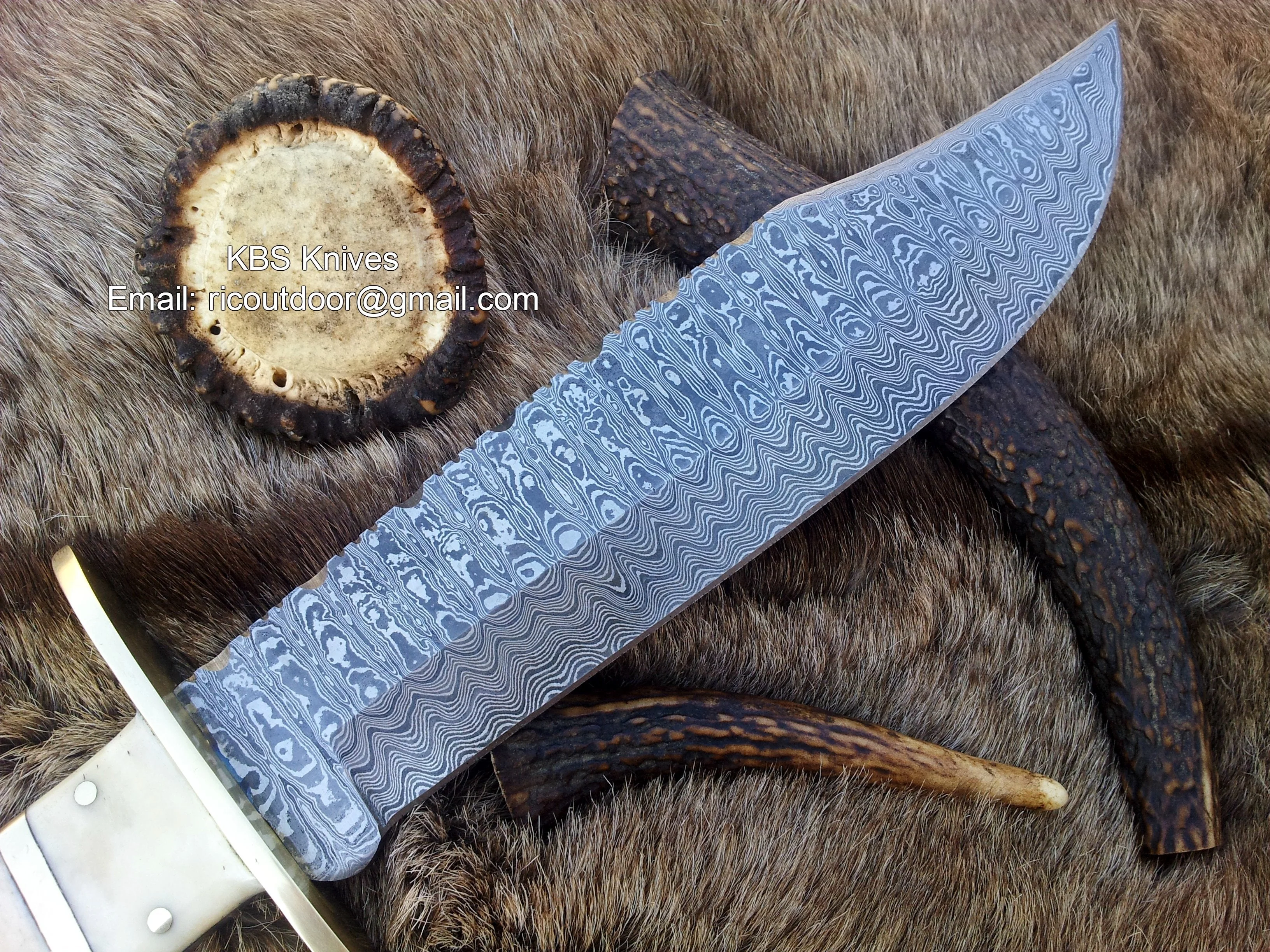 Vintage Western USA W49 Bowie Knife - Custom Handcrafted Full Tang Damascus Steel Blade, Bone Handle with Brass Spacers, 15" Overall Length - Leather Sheath | KBS Knives - Image 2