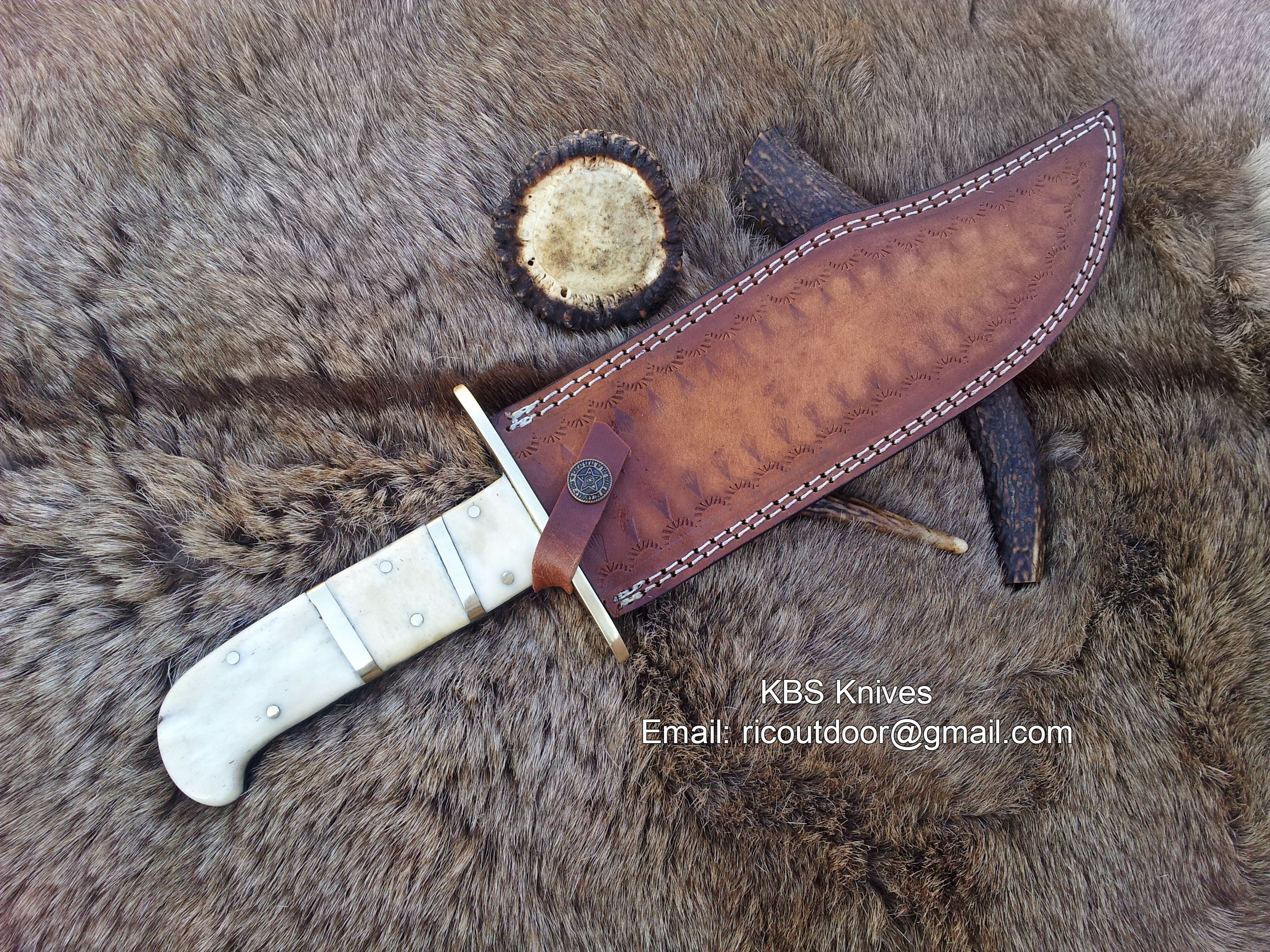 Vintage Western USA W49 Bowie Knife - Custom Handcrafted Full Tang Damascus Steel Blade, Bone Handle with Brass Spacers, 15" Overall Length - Leather Sheath | KBS Knives - Image 3