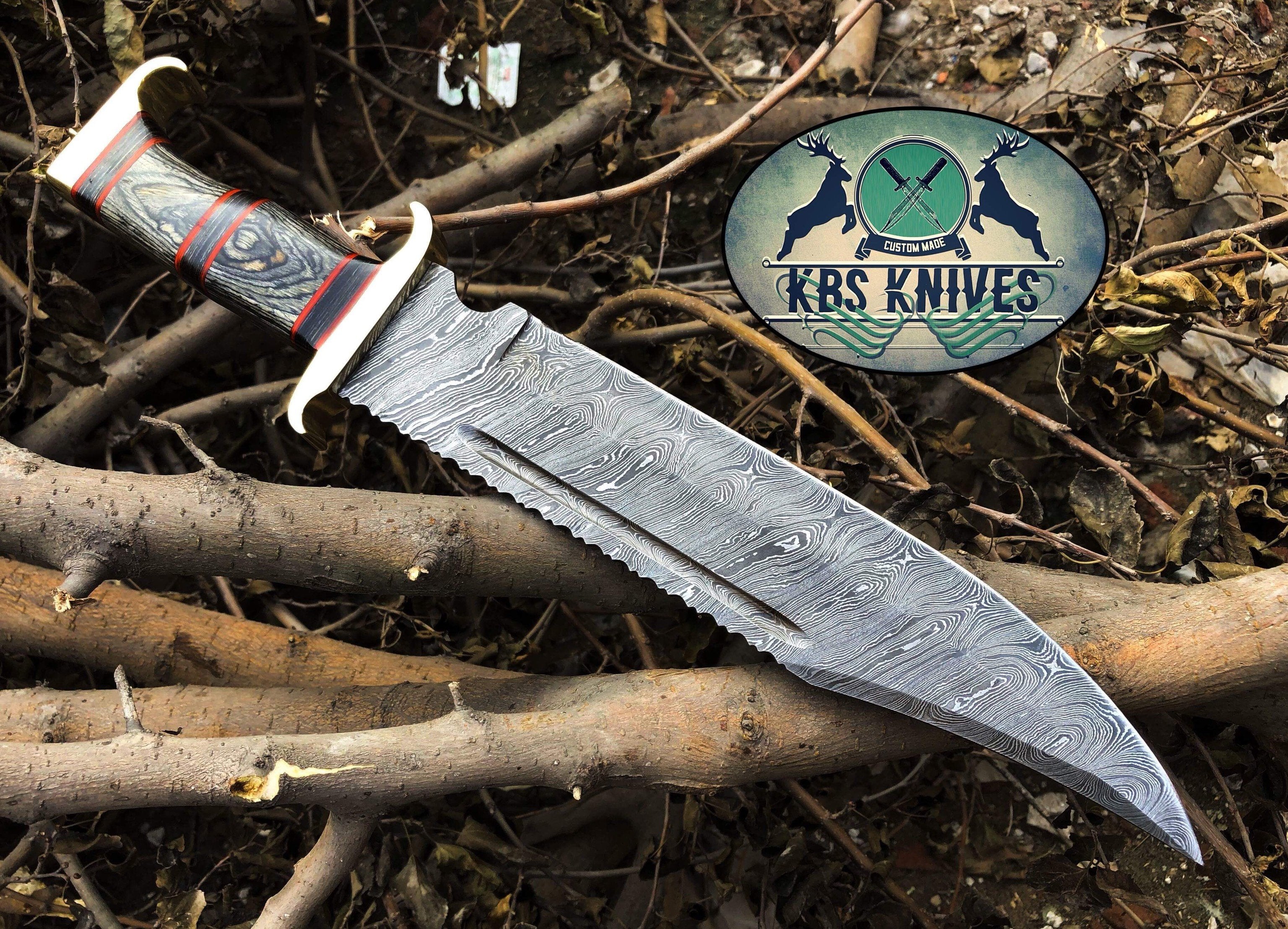 Western Outlaw Bowie Knife - Custom Handcrafted Damascus Steel Blade, Exotic Wood Handle, Red Fiber Spacers, Brass Guards, 16" Overall Length | Leather Sheath | KBS Knives - Image 2