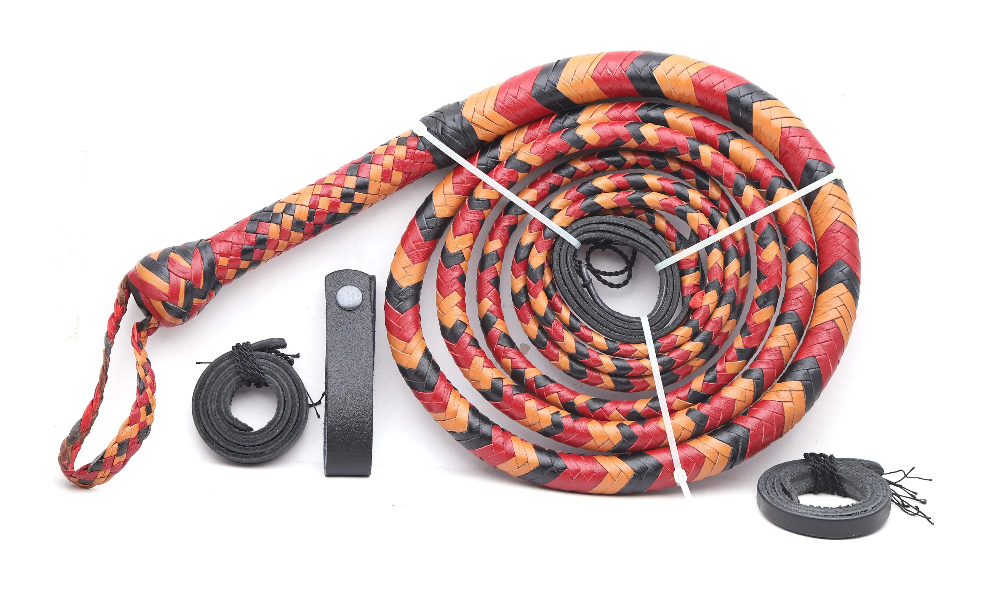 Red-Black & Orange Leather Bull Whip – Handmade Cosplay Whip - Image 2