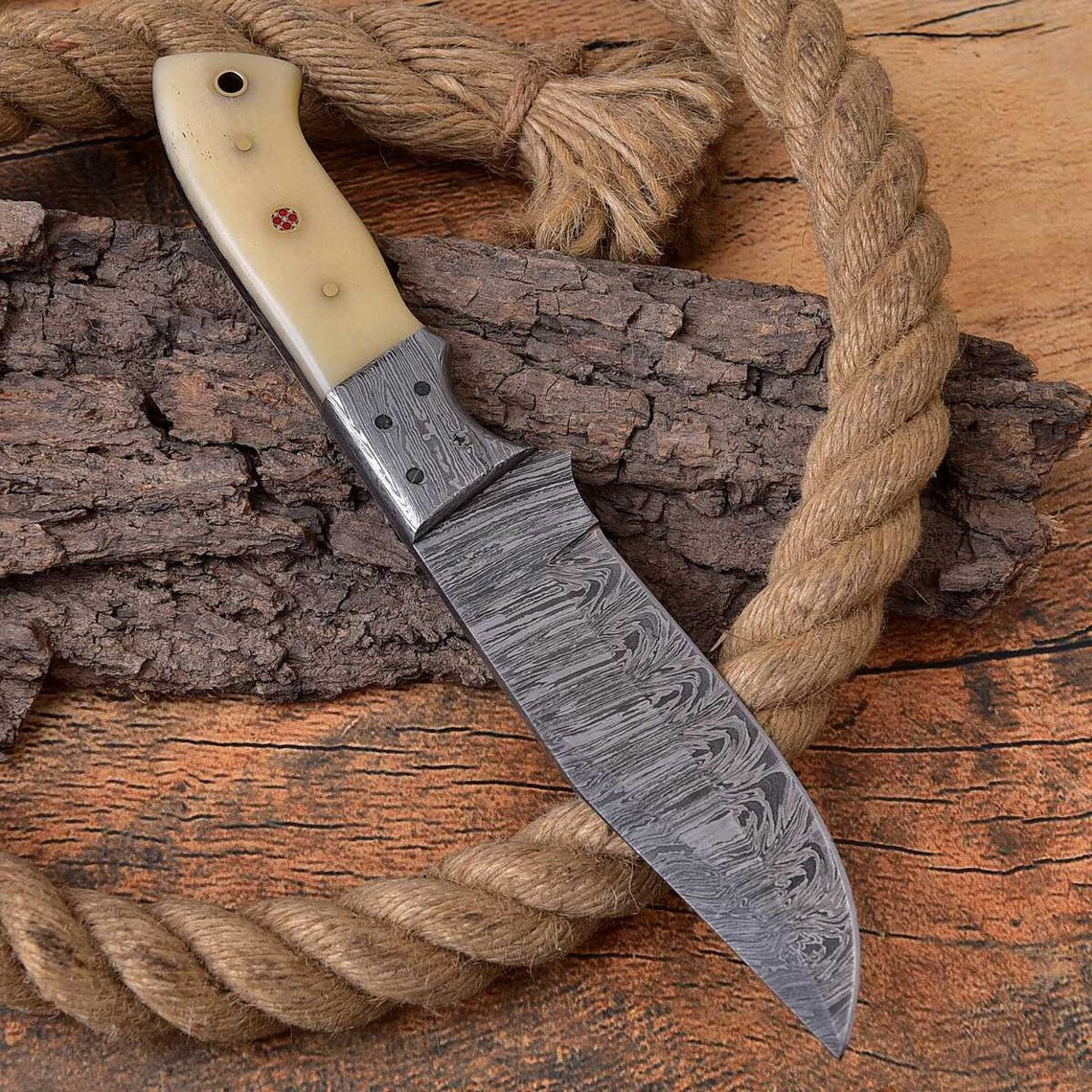Whitetail Warrior - Custom Handcrafted Damascus Steel Deer Hunting Knife with Bone Handle and Damascus Bolster - Image 3