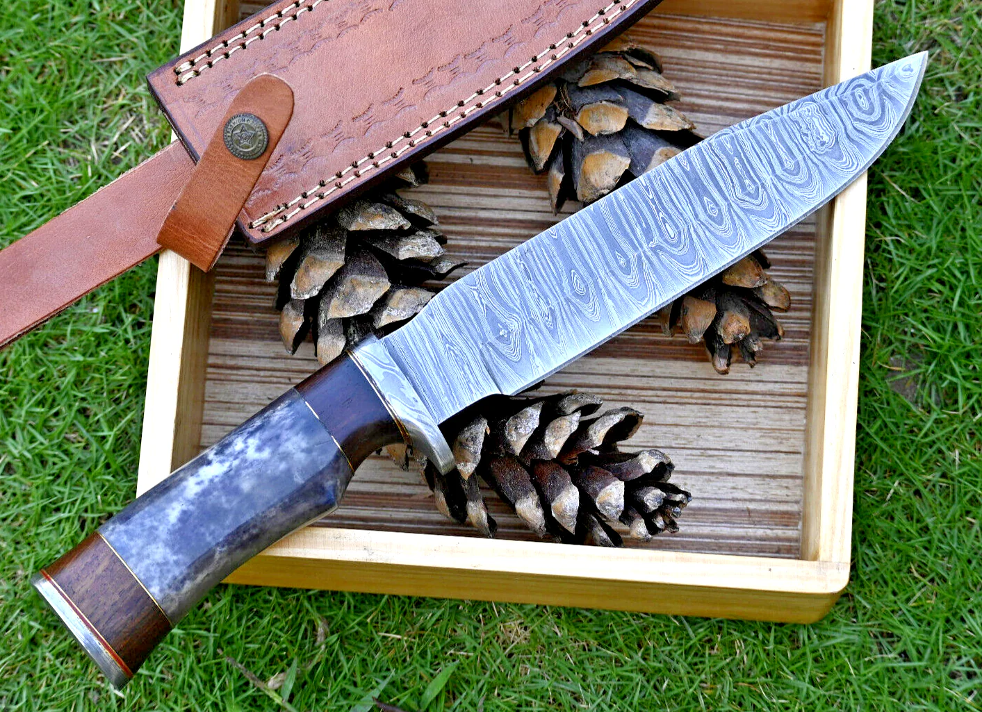 Wilderness Explorer: Hunting Bowie Knife with Damascus Steel Blade, Colored Bone and Rosewood Handle, Damascus Guard, and Leather Sheath - Image 2
