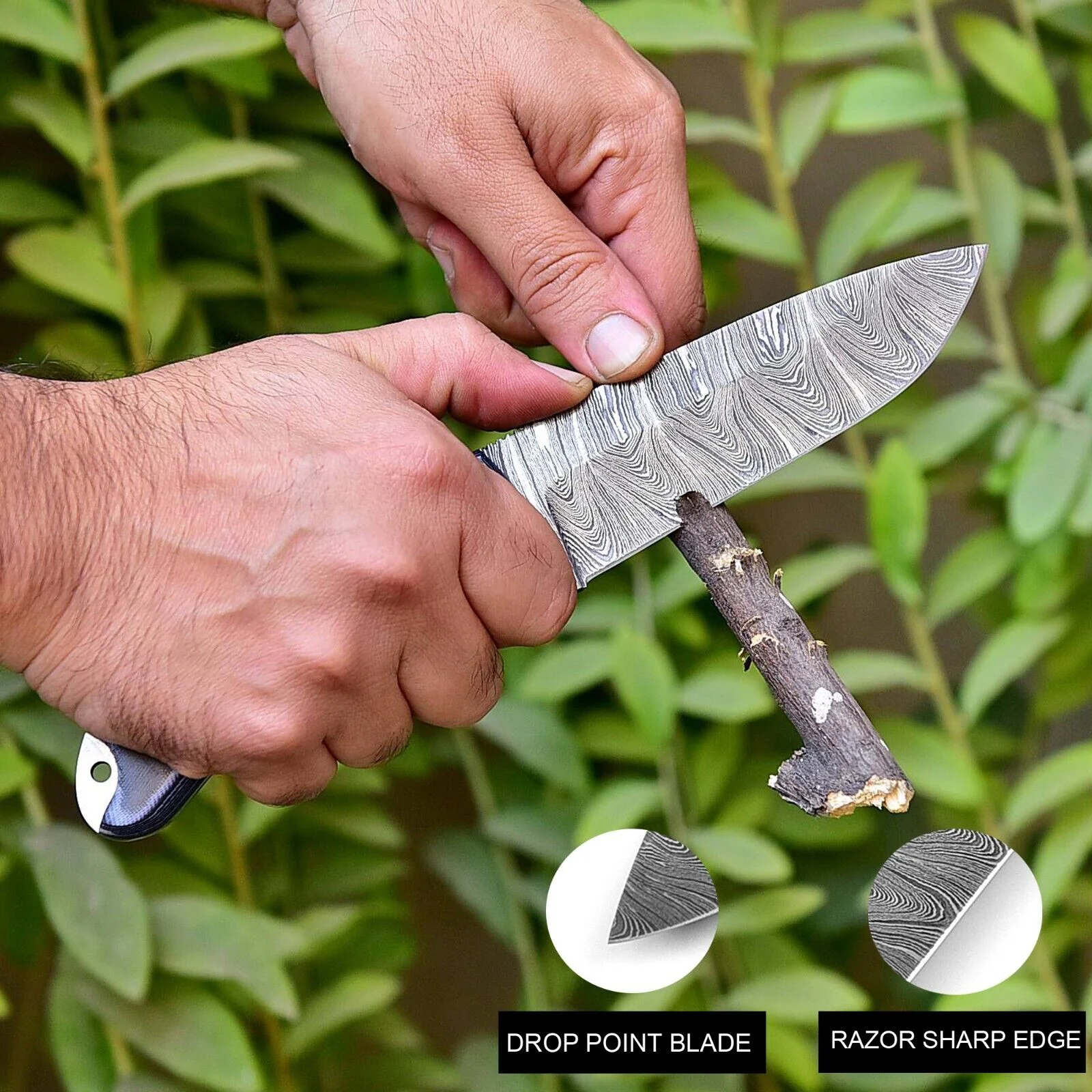 Wilderness Guardian: Hunting Knife with Twist Damascus Steel Blade, Micarta G10 Handle, and Leather Sheath - Image 2