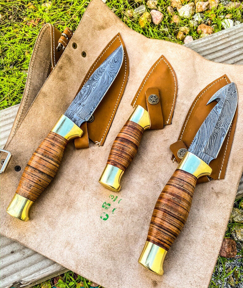 Wilderness Trio: 3-Piece Hunting Knives Set with Damascus Steel Blades, Stacked Leather Handles, Brass Guards, and Leather Roll - Image 2